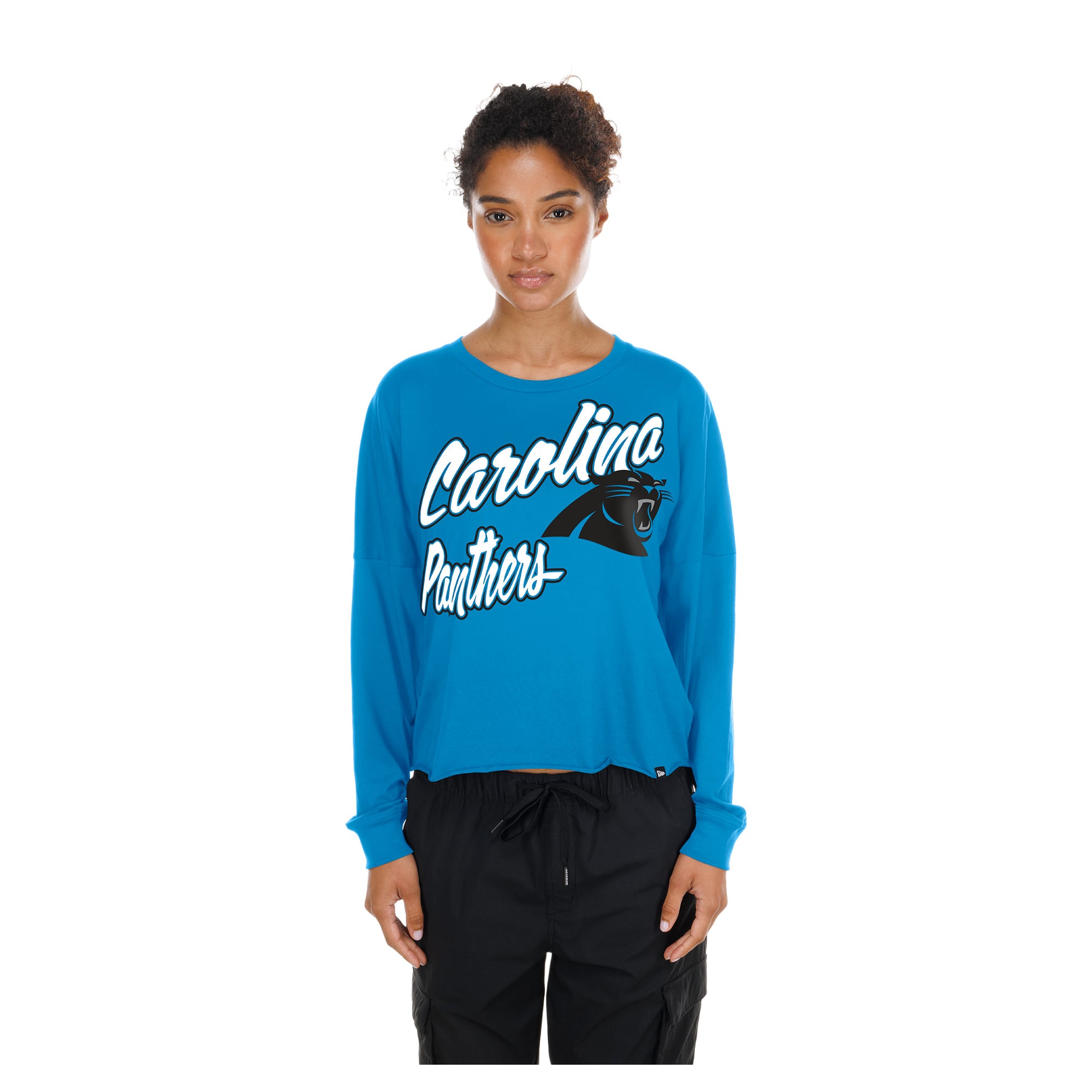 Women's New Era Blue Carolina Panthers Cropped Oversized Long Sleeve T-Shirt