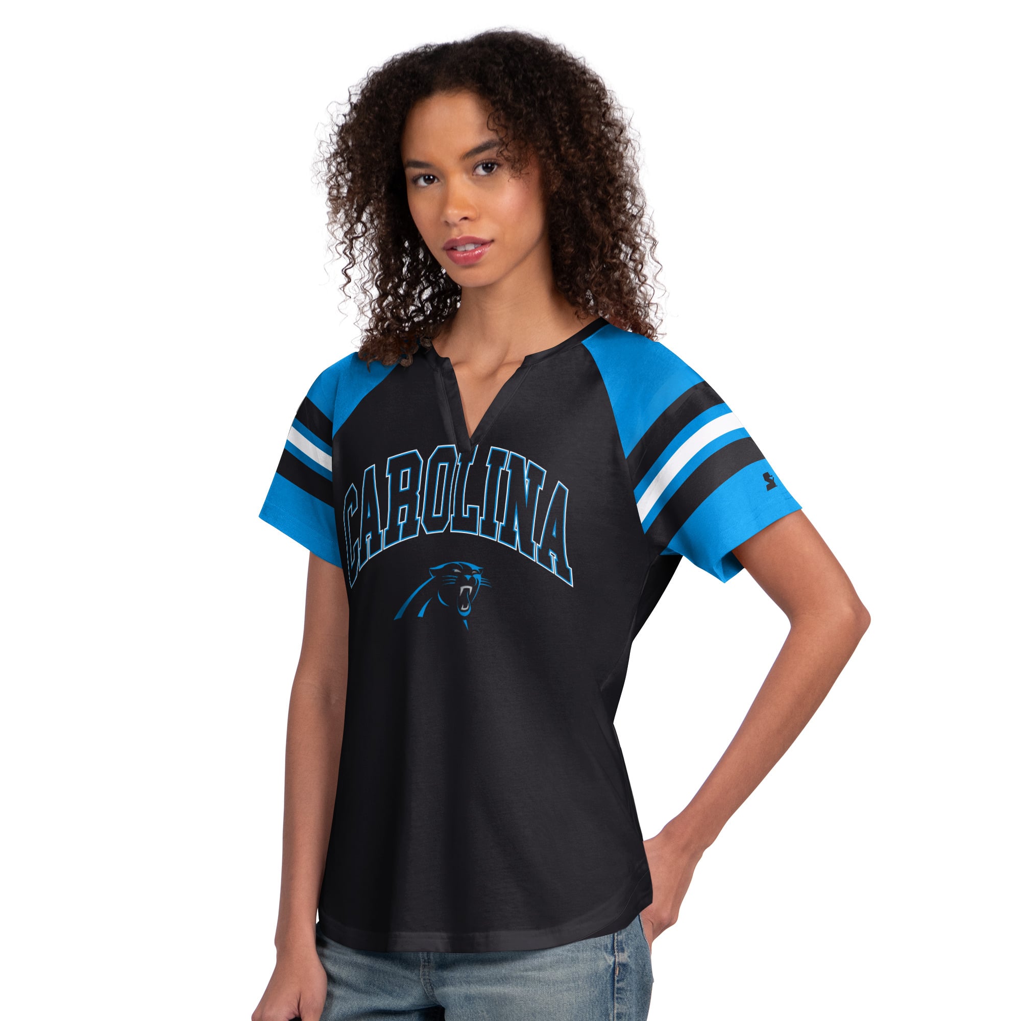 T-shirt raglan à col cranté Starter Black Carolina Panthers pour femmes