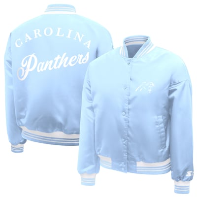  Carolina Panthers Starter Women's Fashion Script Satin Varsity Jacket - Light Blue