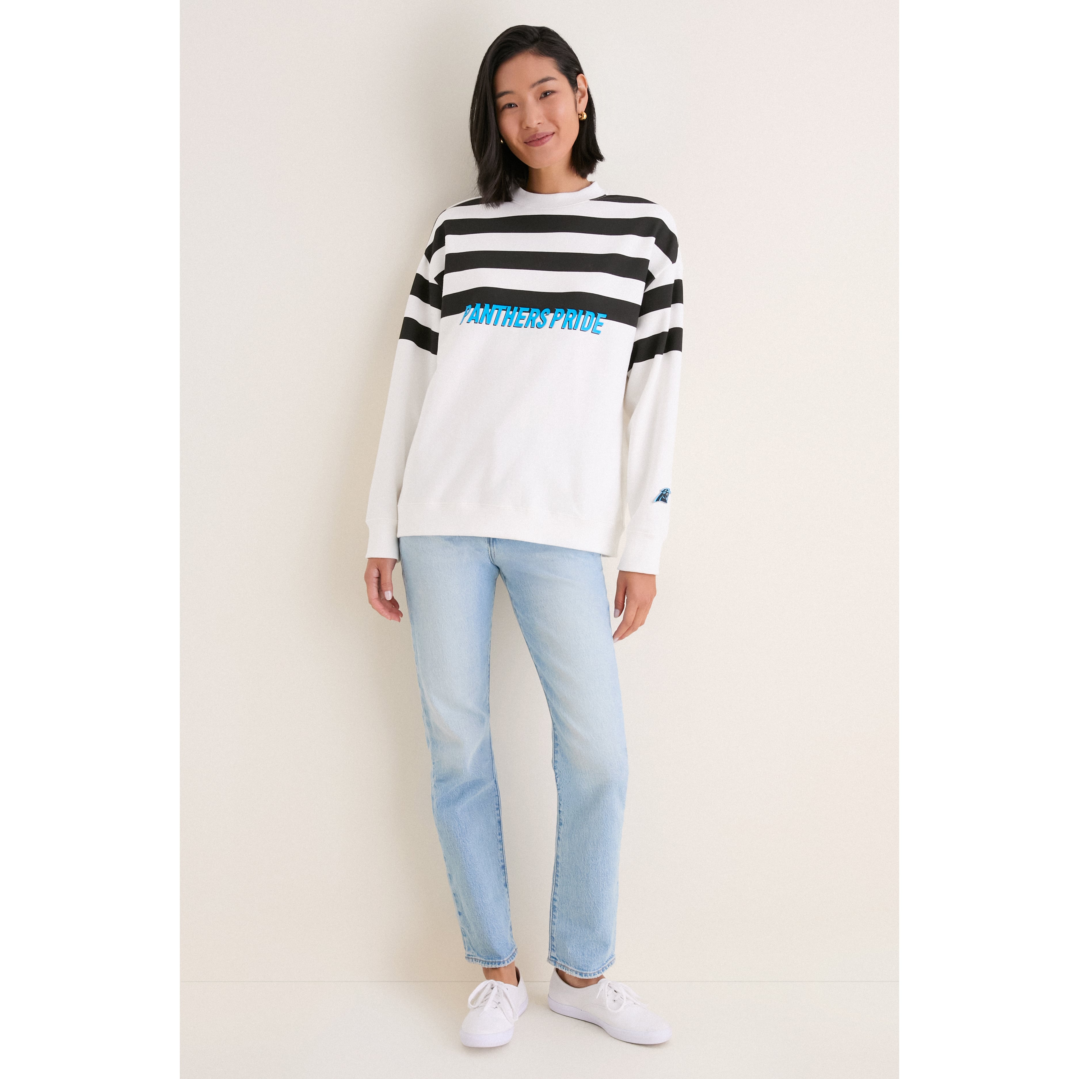 Women's Tuckernuck White/Black Carolina Panthers Stripe Sweatshirt