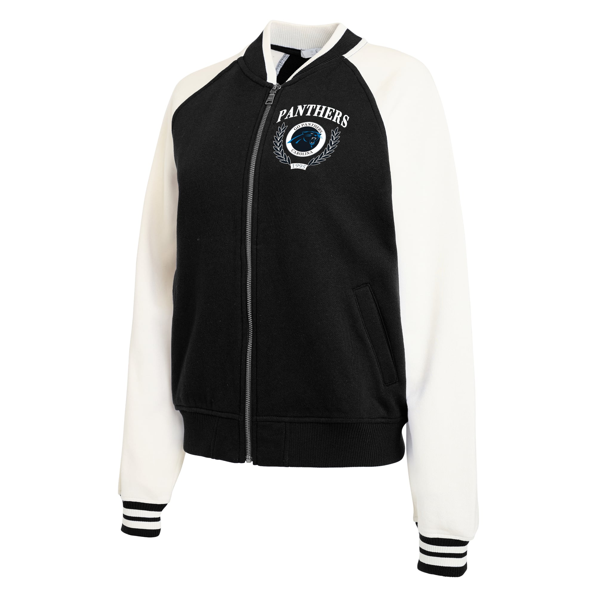 Women's WEAR by Erin Andrews Black Carolina Panthers Throwback Varsity Fleece Raglan Full-Zip Jacket