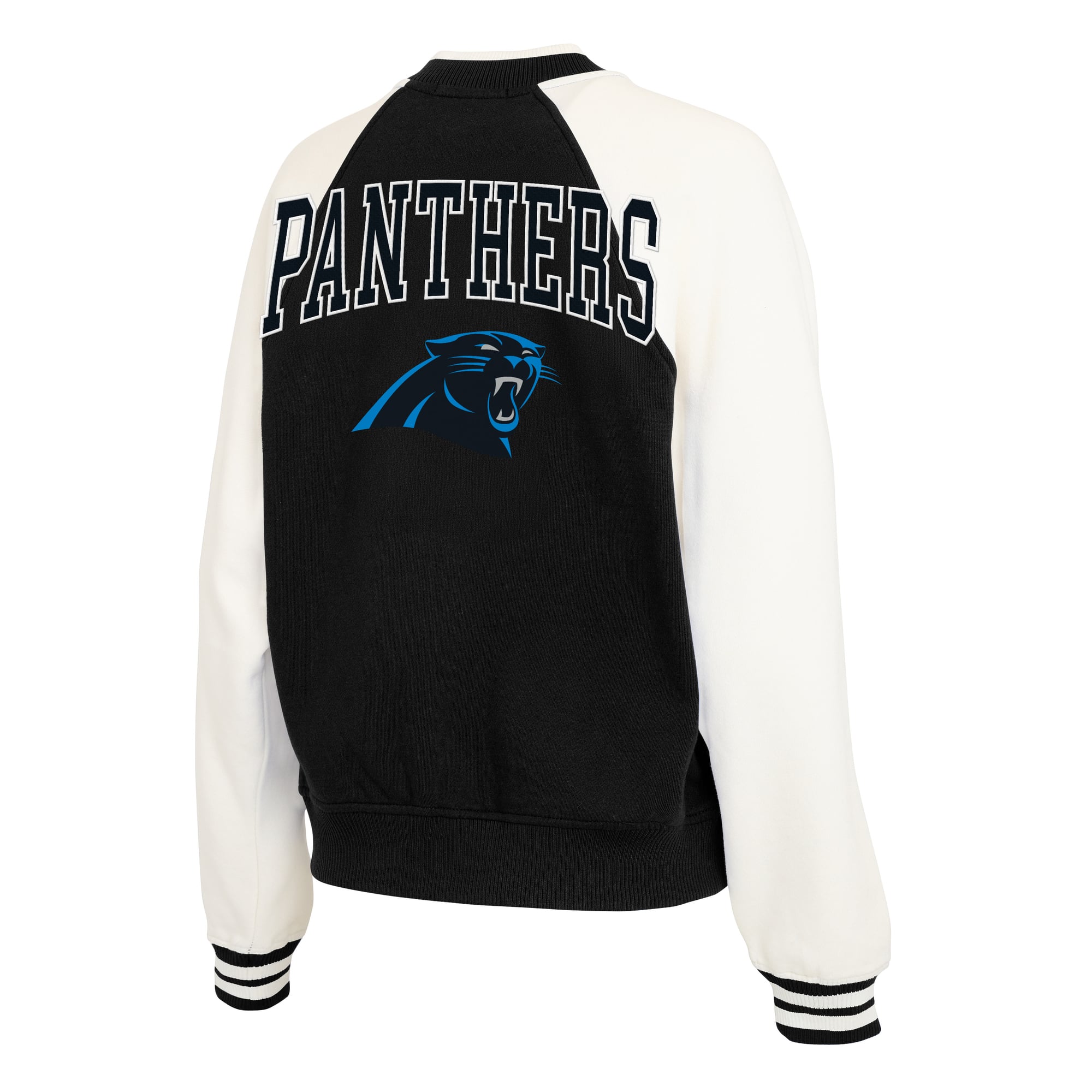 Women's WEAR by Erin Andrews Black Carolina Panthers Throwback Varsity Fleece Raglan Full-Zip Jacket