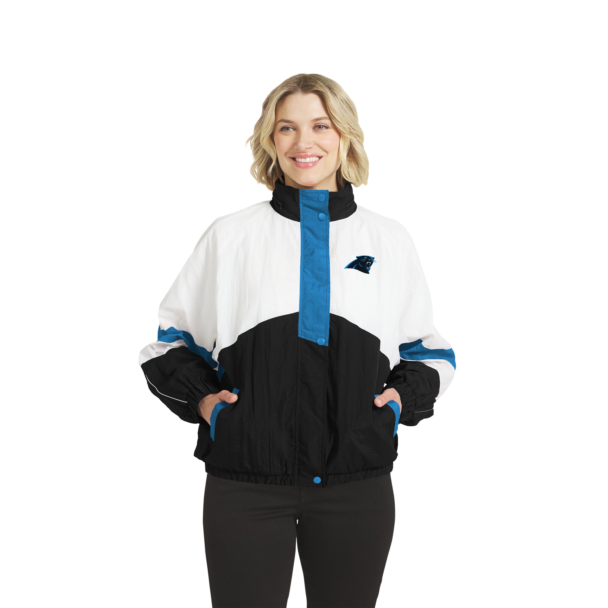 Veste coupe-vent à capuche zippée intégrale blanche et noire Carolina Panthers de la marque WEAR by Erin Andrews pour femme