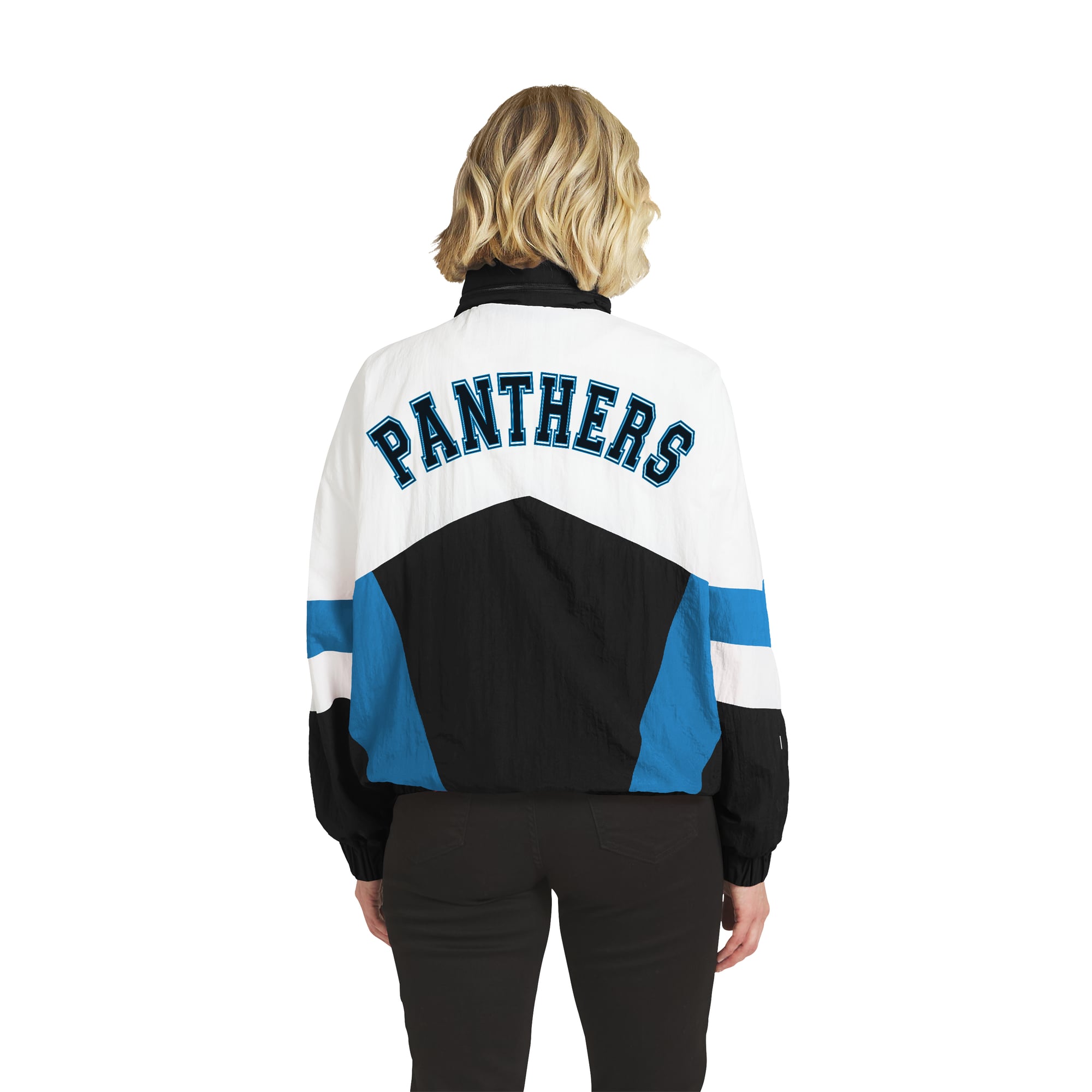 Veste coupe-vent à capuche zippée intégrale blanche et noire Carolina Panthers de la marque WEAR by Erin Andrews pour femme