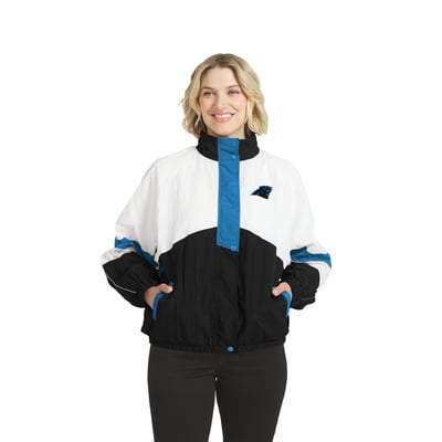  Carolina Panthers WEAR by Erin Andrews Women's Crinkle Full-Zip Hooded Windbreaker Jacket - White/Black