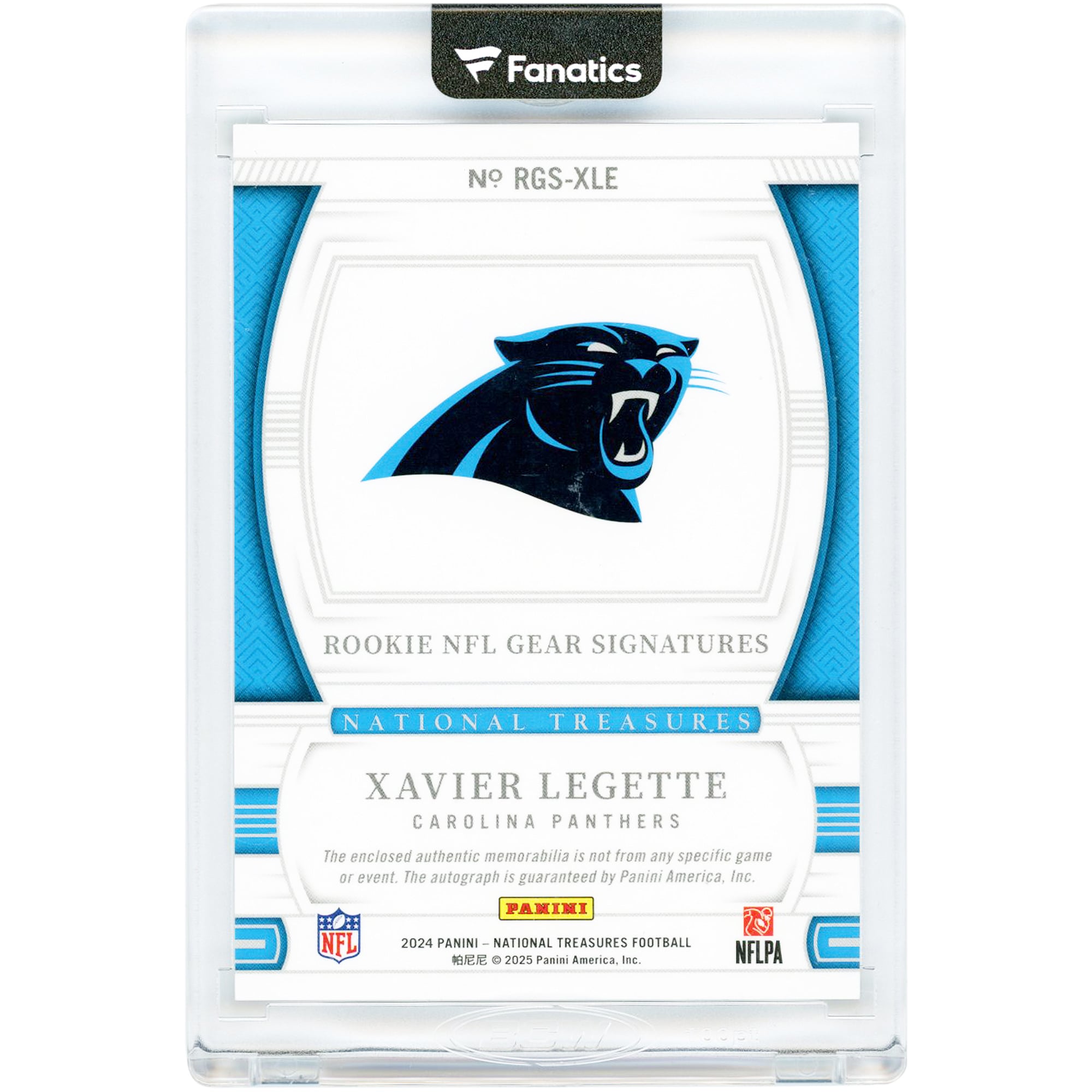 Xavier Legette Carolina Panthers Autographed 2024 Panini National Treasures Rookie NFL Gear Signatures Dual Jersey Relics #RGS-XLE #2/25 Rookie Card