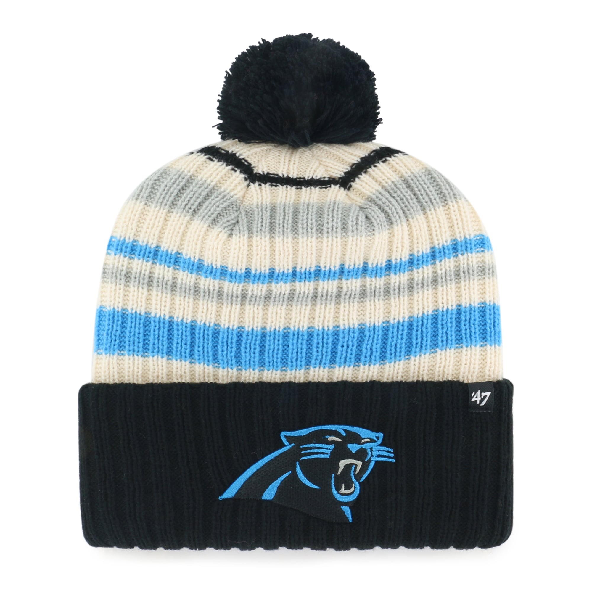 Bonnet tricoté à revers « Snow Fort » des Panthers de la Caroline, noir, pour enfant, modèle 47, avec pompon.