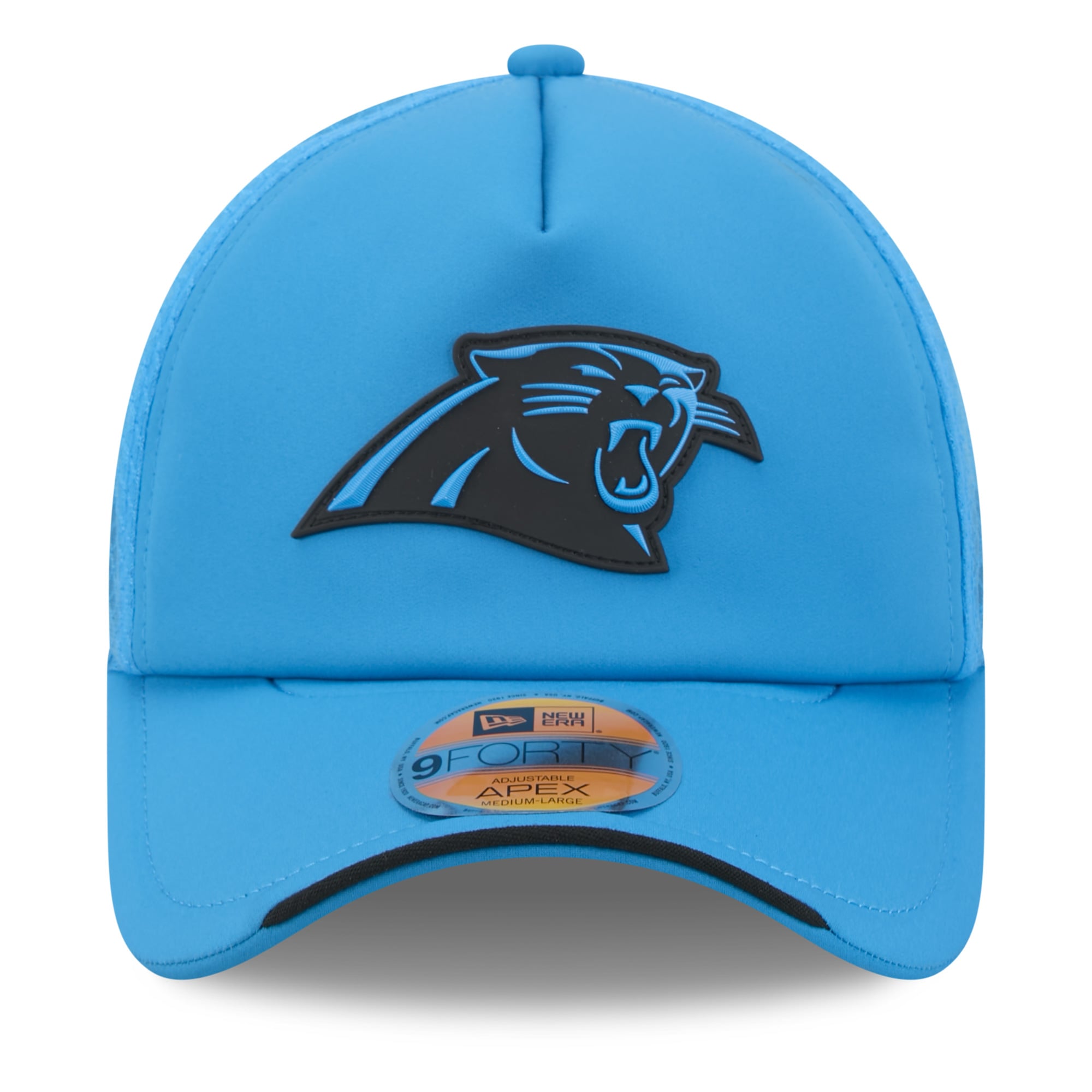 Youth New Era Blue Carolina Panthers 2026 Sideline Apex 9FORTY Adjustable Trucker Hat