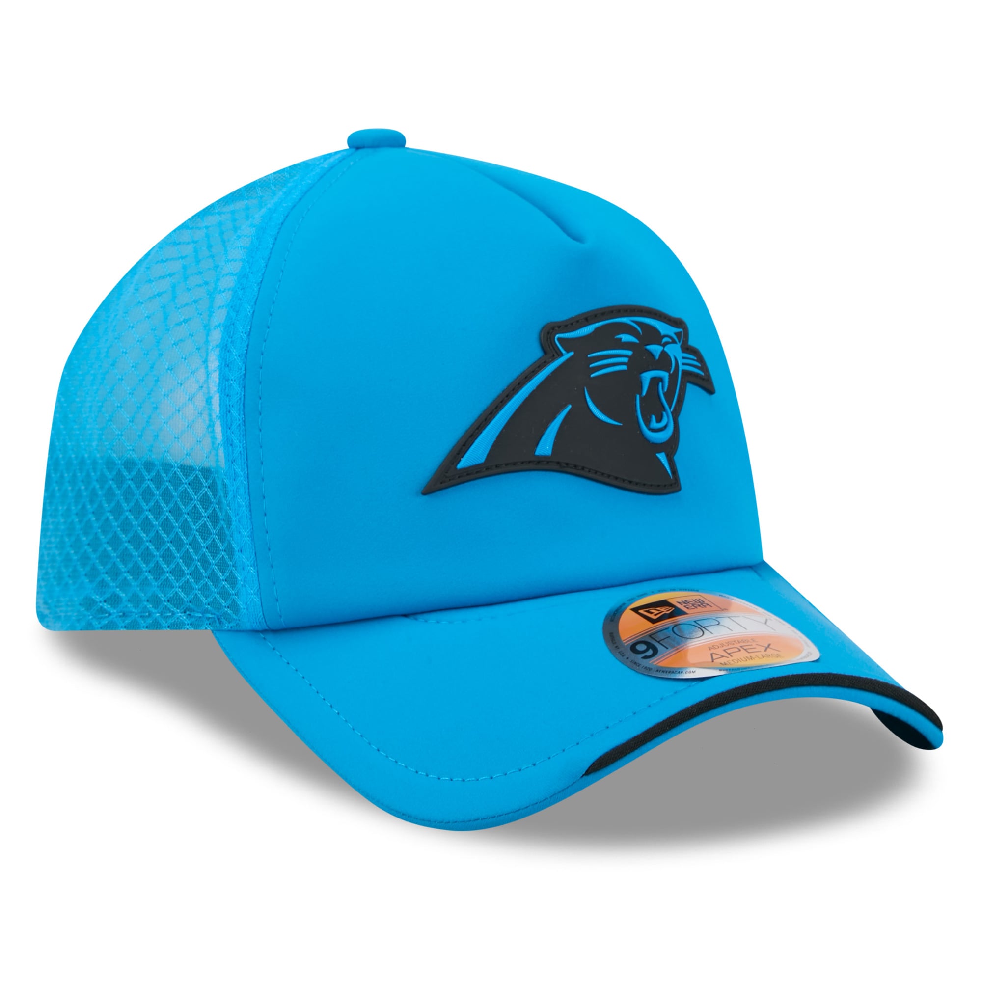 Youth New Era Blue Carolina Panthers 2026 Sideline Apex 9FORTY Adjustable Trucker Hat