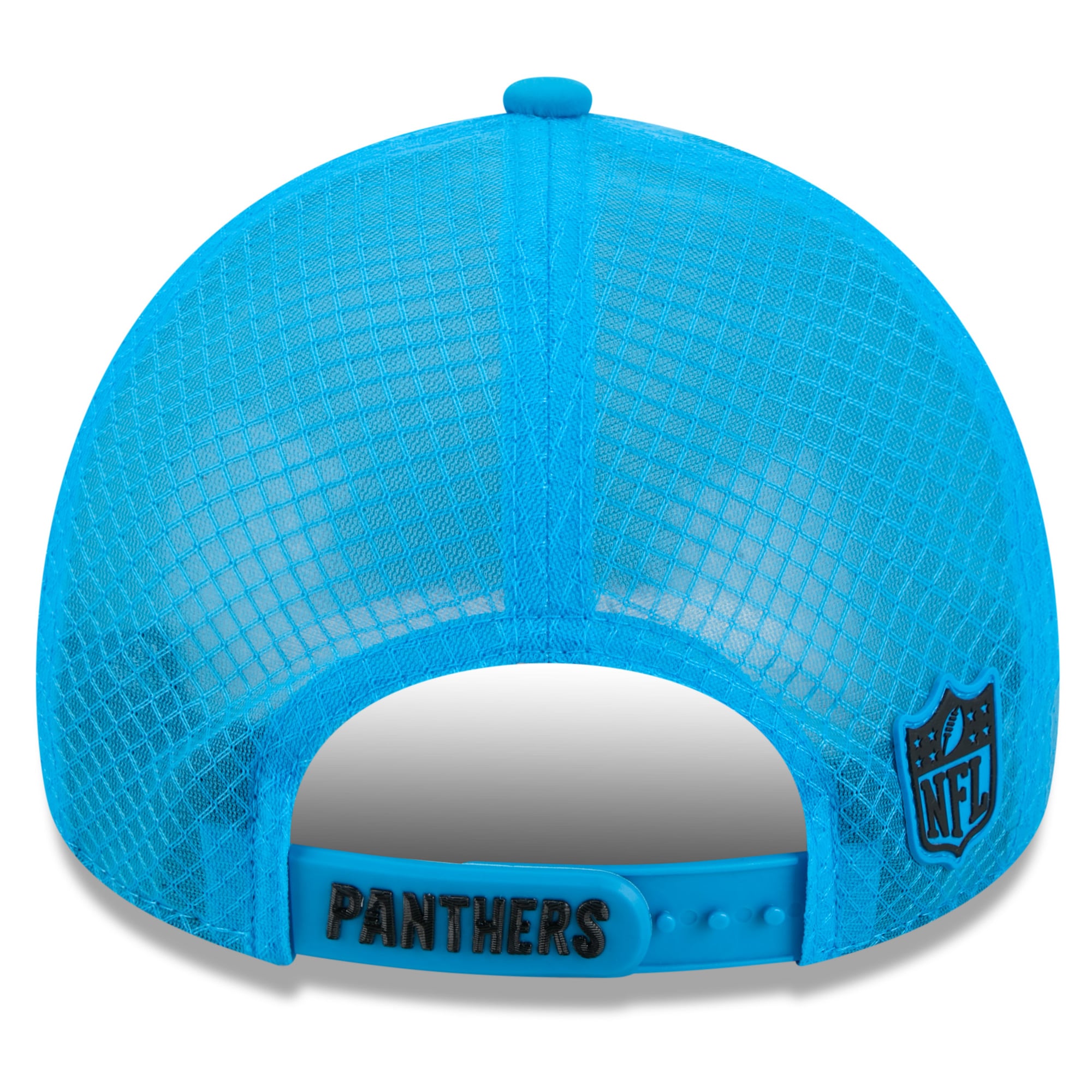 Youth New Era Blue Carolina Panthers 2026 Sideline Apex 9FORTY Adjustable Trucker Hat