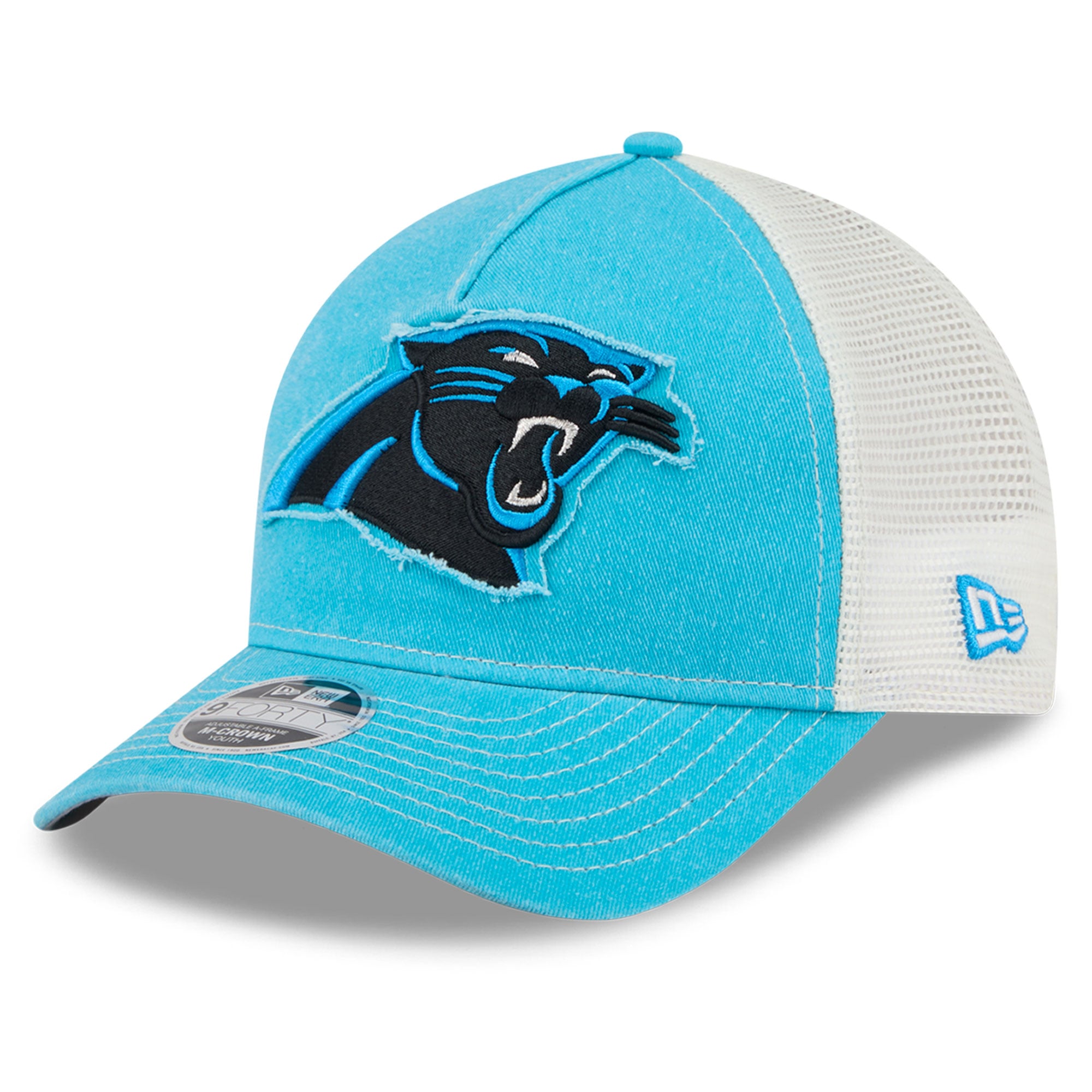 Casquette trucker ajustable New Era bleue Carolina Panthers 9FORTY pour jeunes, modèle A-Frame M-Crown, pour les fans des Panthers de la Caroline