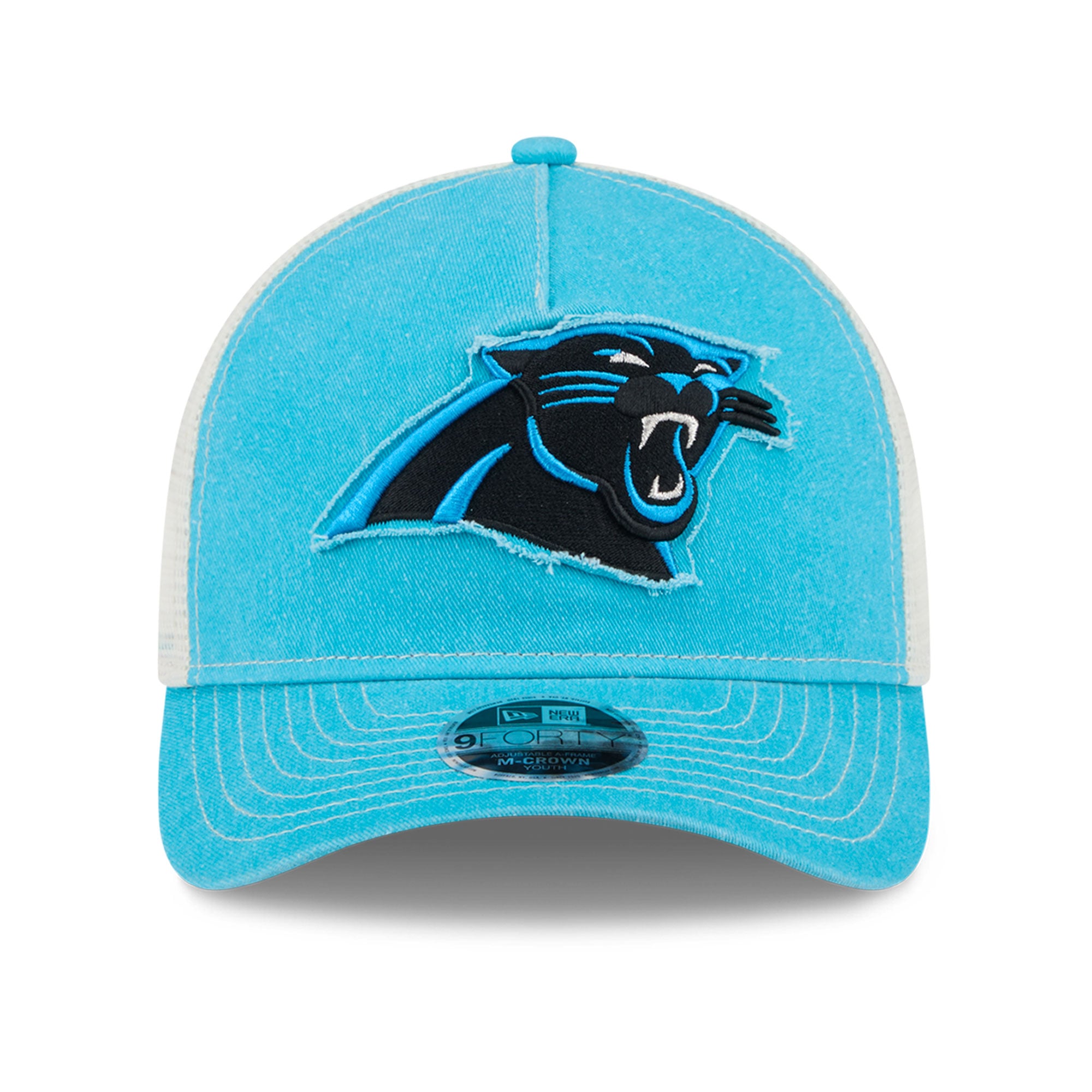 Casquette trucker ajustable New Era bleue Carolina Panthers 9FORTY pour jeunes, modèle A-Frame M-Crown, pour les fans des Panthers de la Caroline
