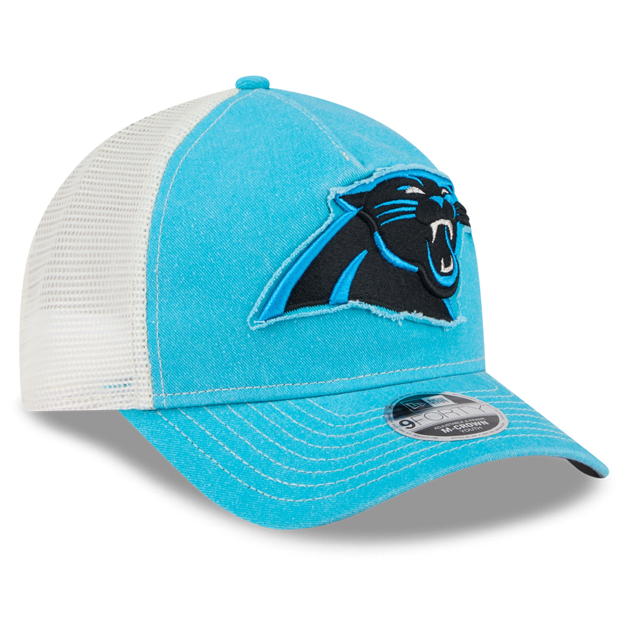 Casquette trucker ajustable New Era bleue Carolina Panthers 9FORTY pour jeunes, modèle A-Frame M-Crown, pour les fans des Panthers de la Caroline