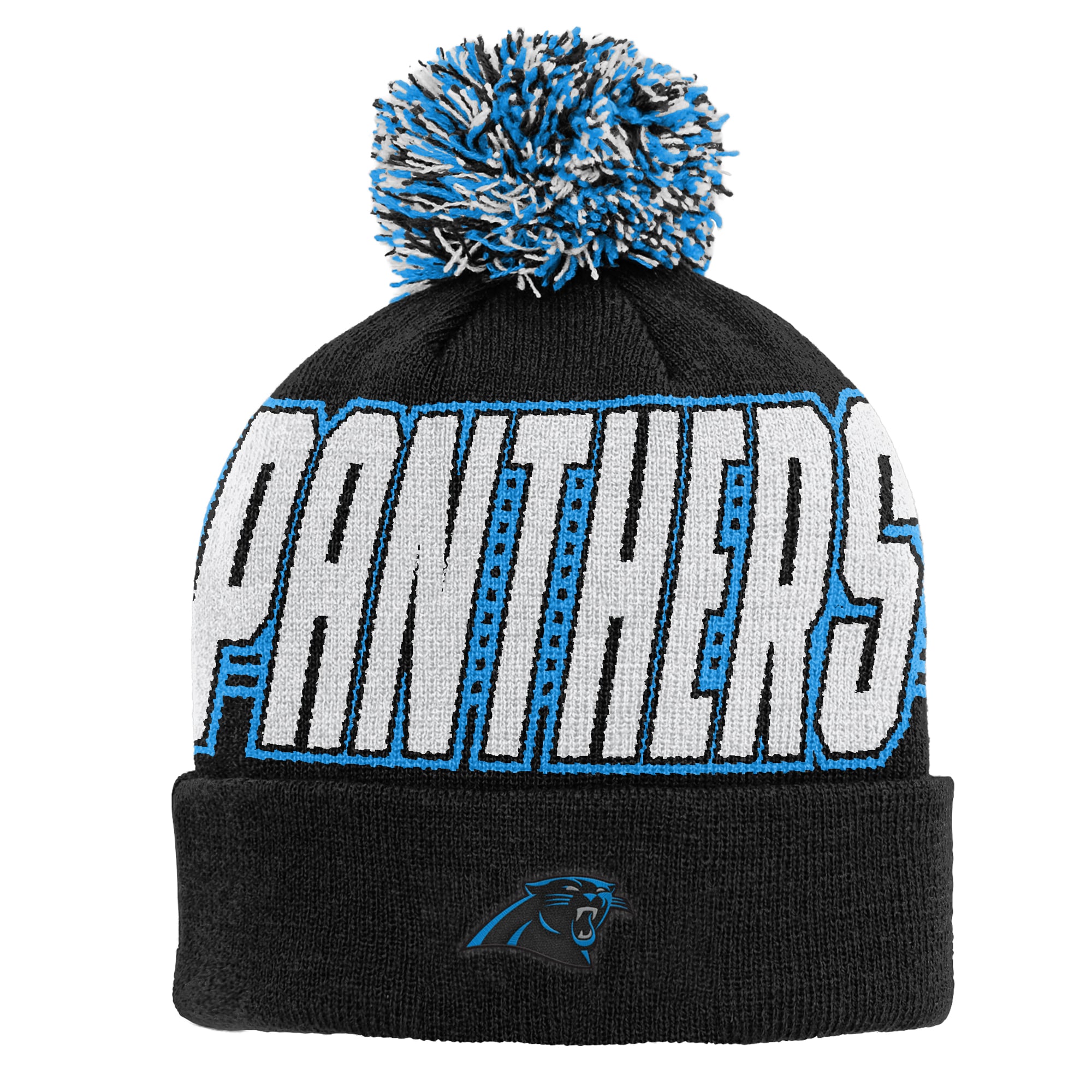 Bonnet tricoté à revers noir Carolina Panthers pour enfant Outerstuff avec pompon
