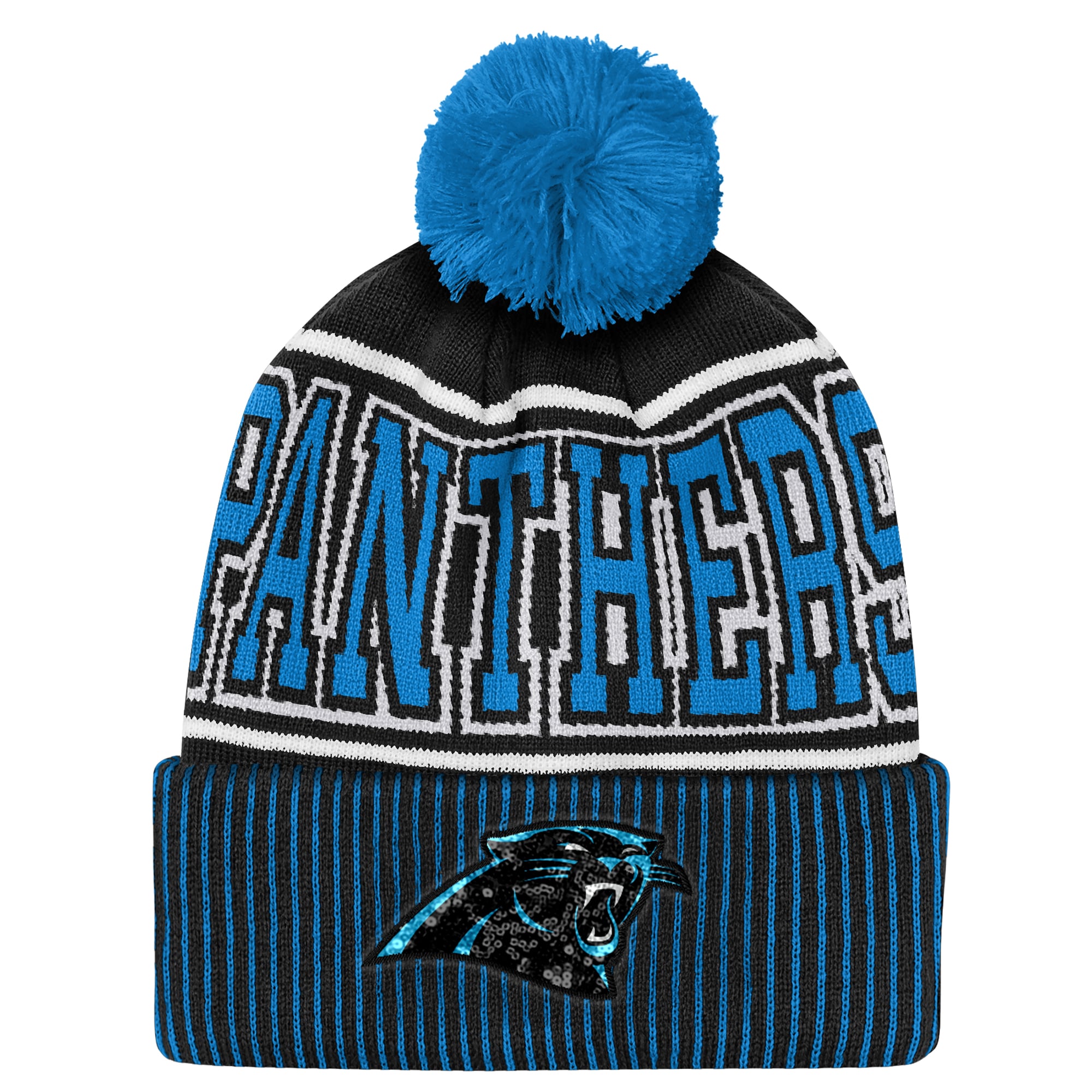 Bonnet tricoté à revers bleu Carolina Panthers pour enfant Outerstuff avec pompon