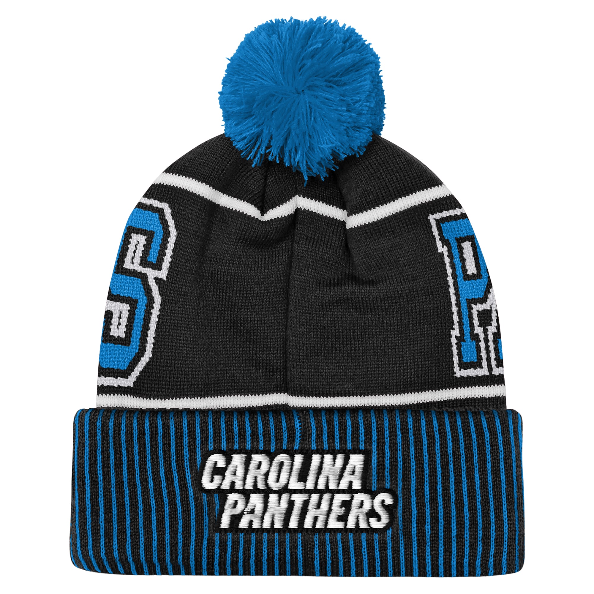 Bonnet tricoté à revers bleu Carolina Panthers pour enfant Outerstuff avec pompon