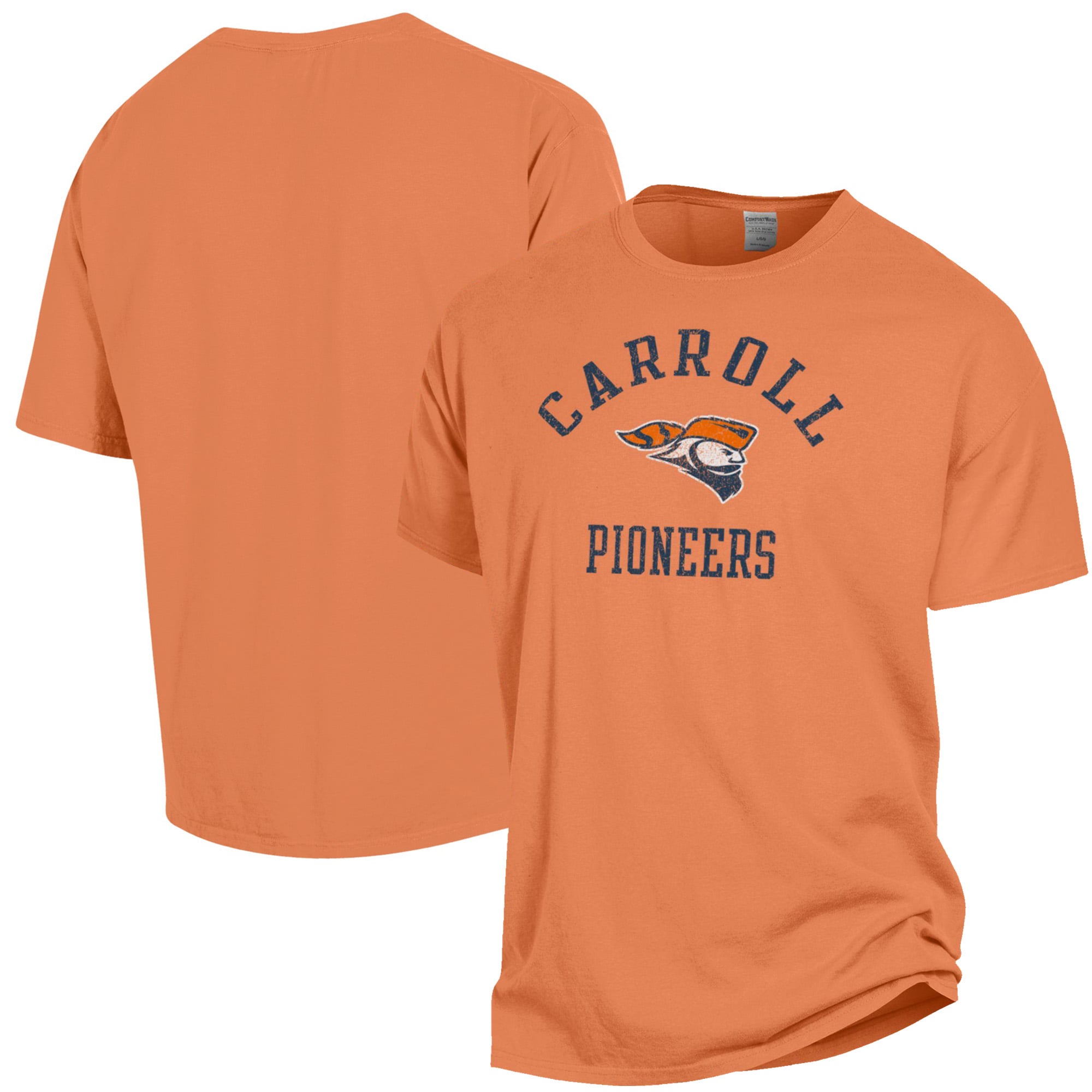 T-shirt teint en pièce ComfortWash orange pour homme, logo des Pioneers de l'université Carroll, arche