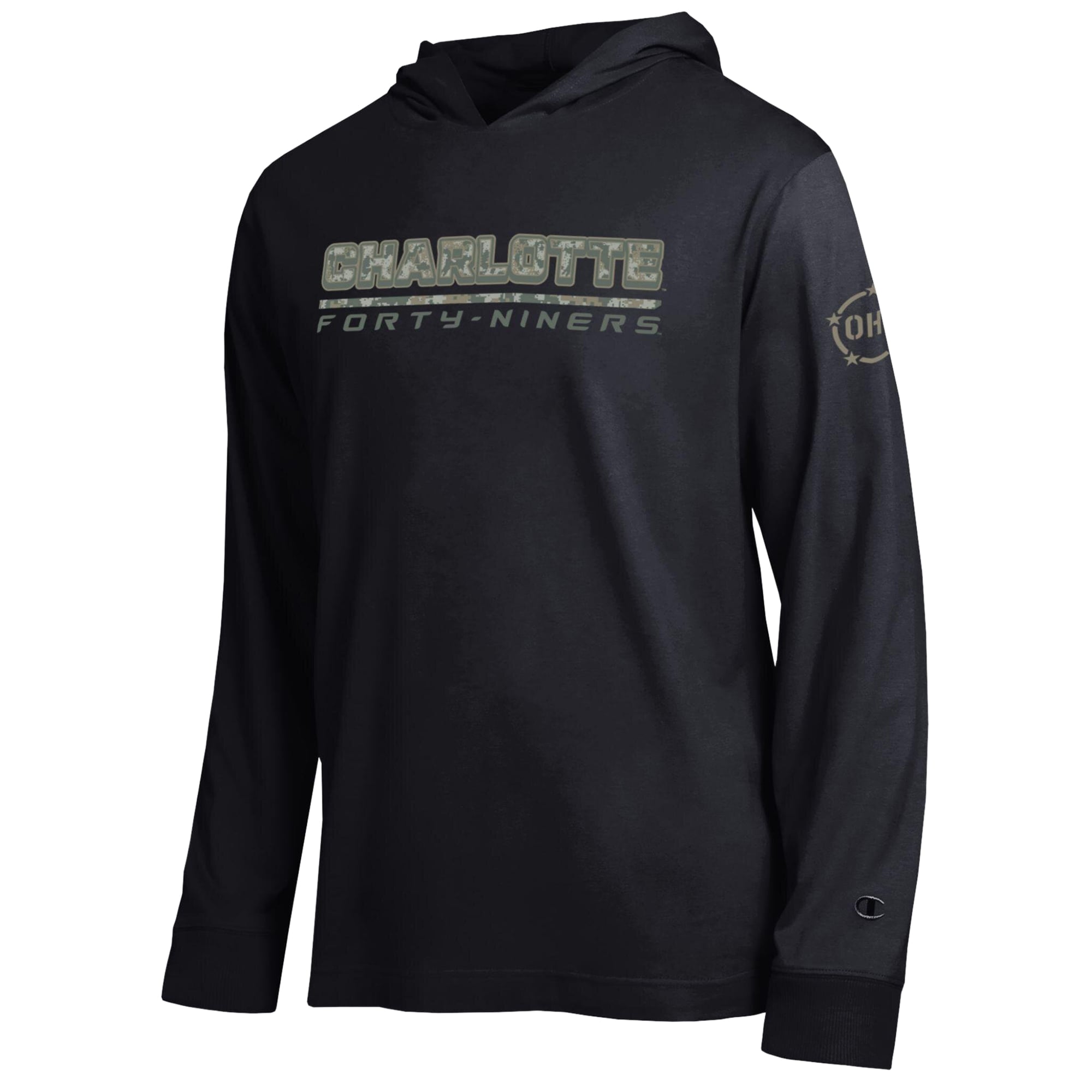 Men's Champion Black Charlotte 49ers Operation Hat Trick Camo Script Hooded Long Sleeve T-Shirt
