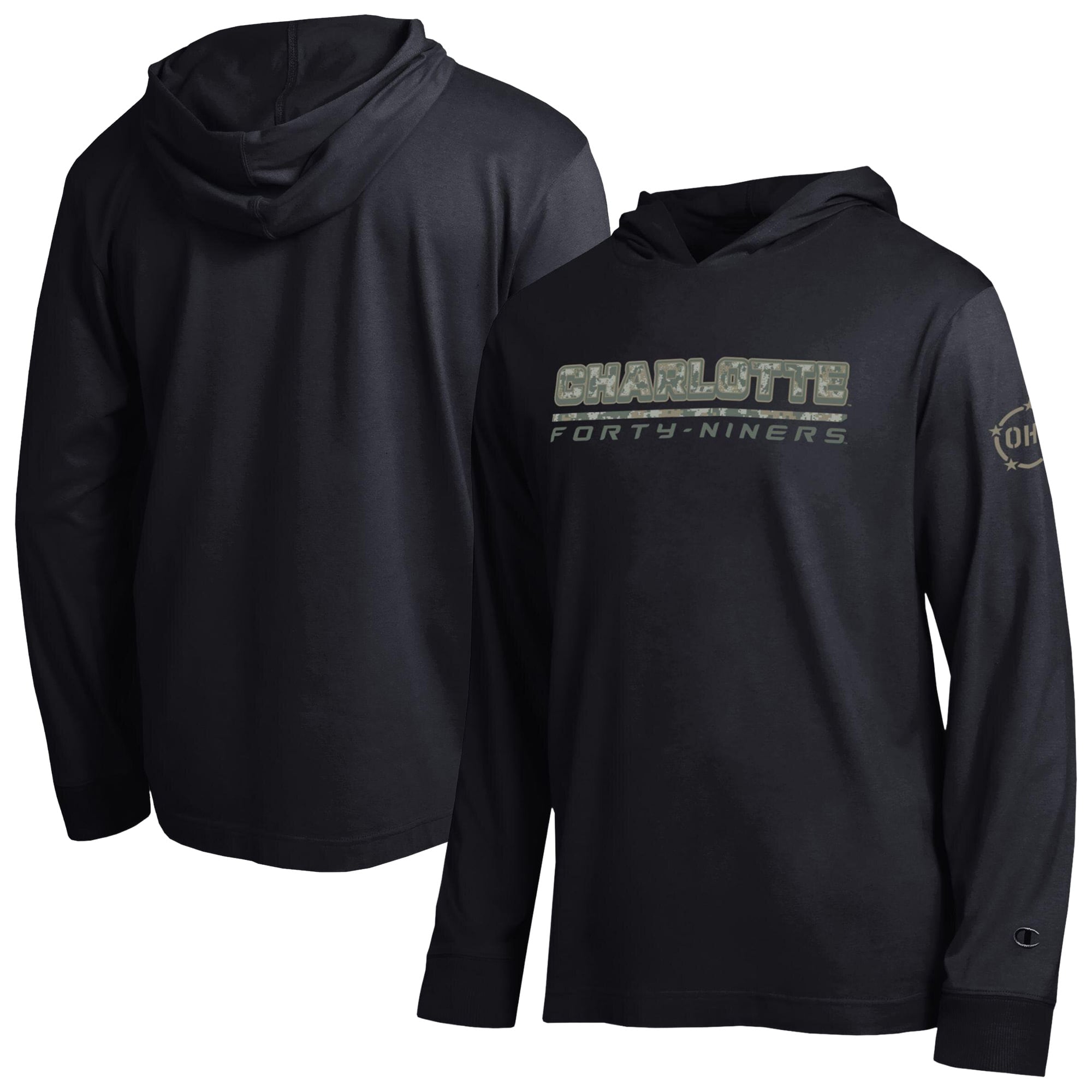 Men's Champion  Black Charlotte 49ers Operation Hat Trick Camo Script Hooded Long Sleeve T-Shirt