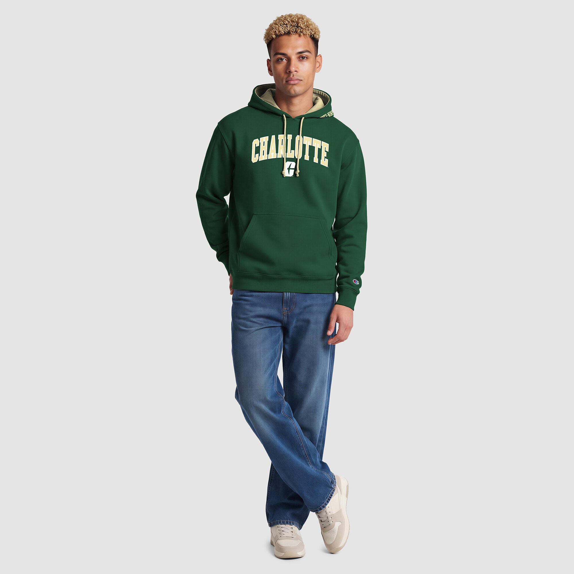 Sweat à capuche contrasté vert et or des Charlotte 49ers pour homme, de la marque Champion.