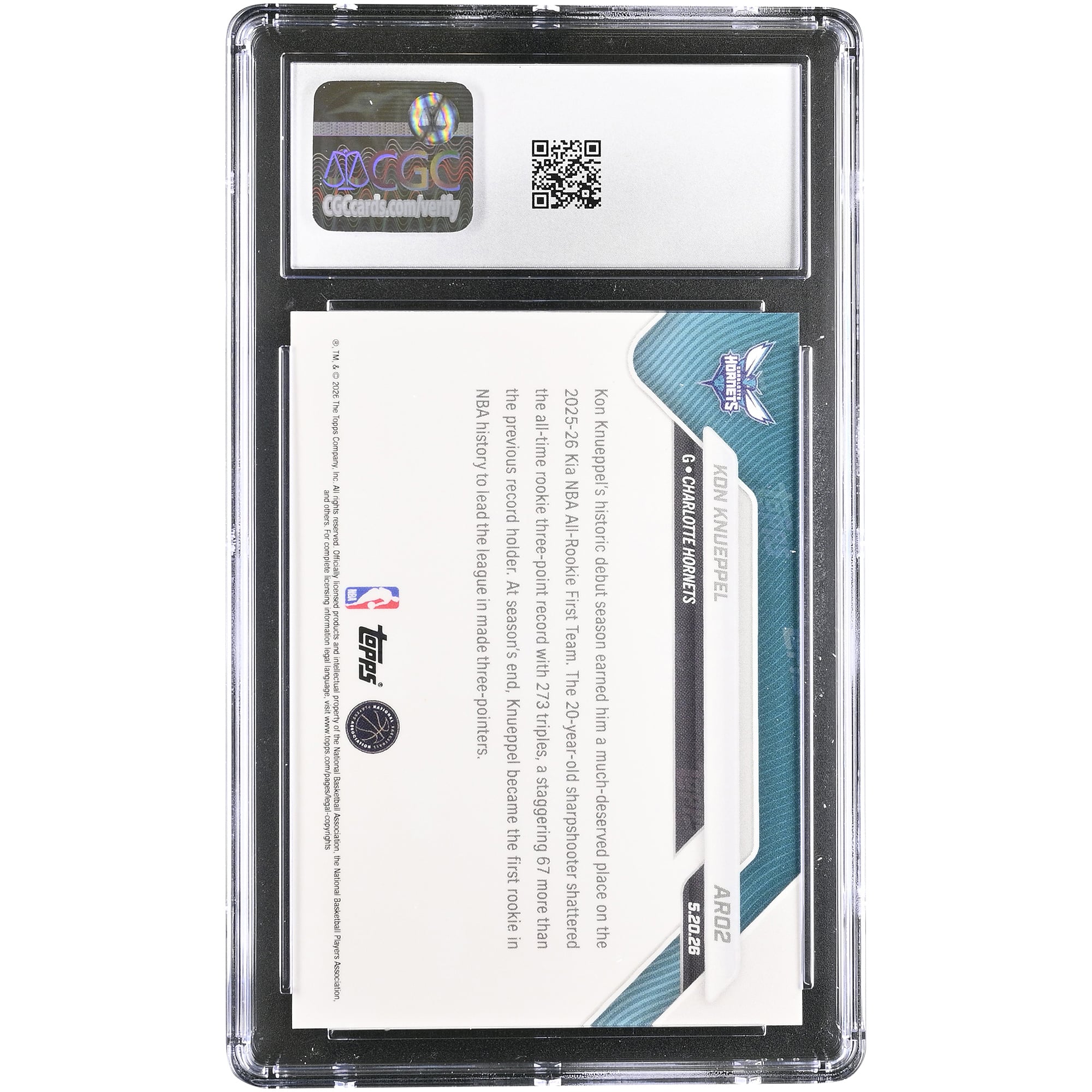 Carte de recrue Kon Knueppel Charlotte Hornets 2025-26 Topps Now All-Rookie #AR02 authentifiée CGC GEM MINT 10