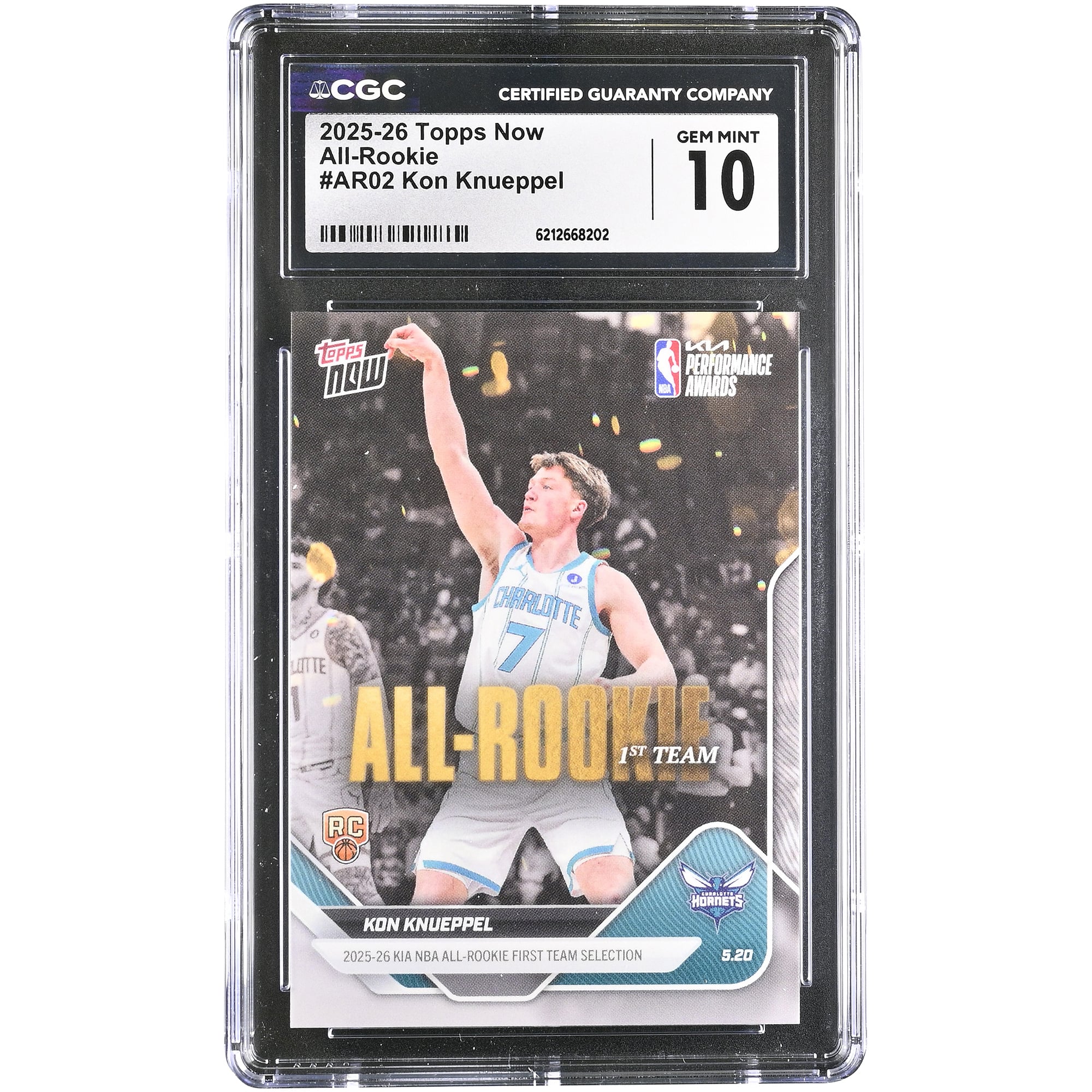 Carte de recrue Kon Knueppel Charlotte Hornets 2025-26 Topps Now All-Rookie #AR02 authentifiée CGC GEM MINT 10
