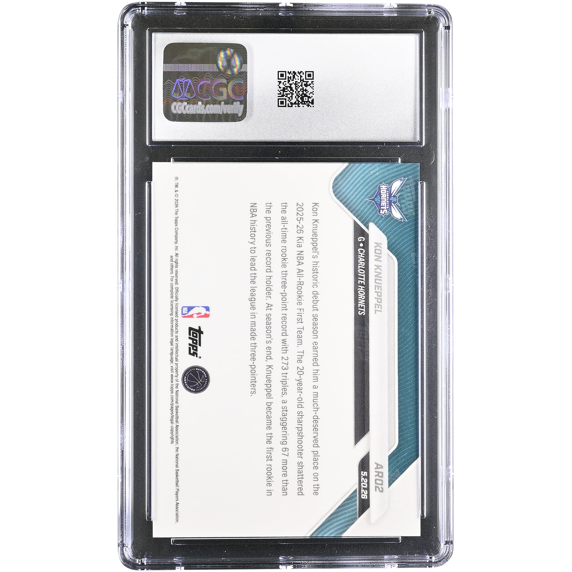 Carte recrue Kon Knueppel Charlotte Hornets 2025-26 Topps Now All-Rookie #AR02 authentifiée CGC MINT+ 9.5