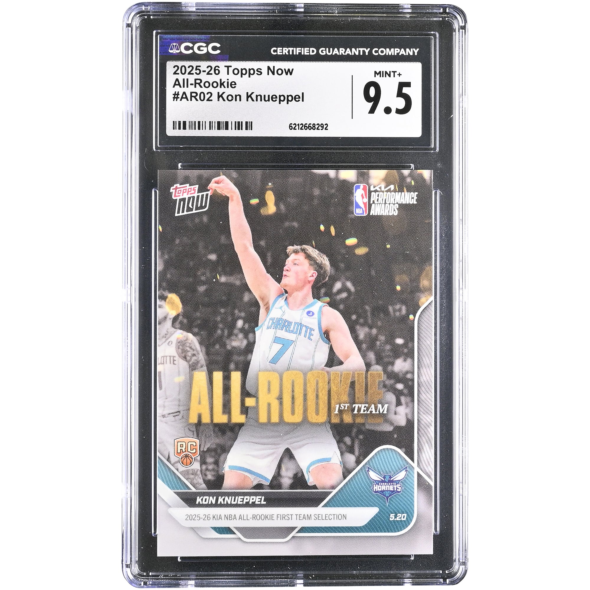 Carte recrue Kon Knueppel Charlotte Hornets 2025-26 Topps Now All-Rookie #AR02 authentifiée CGC MINT+ 9.5