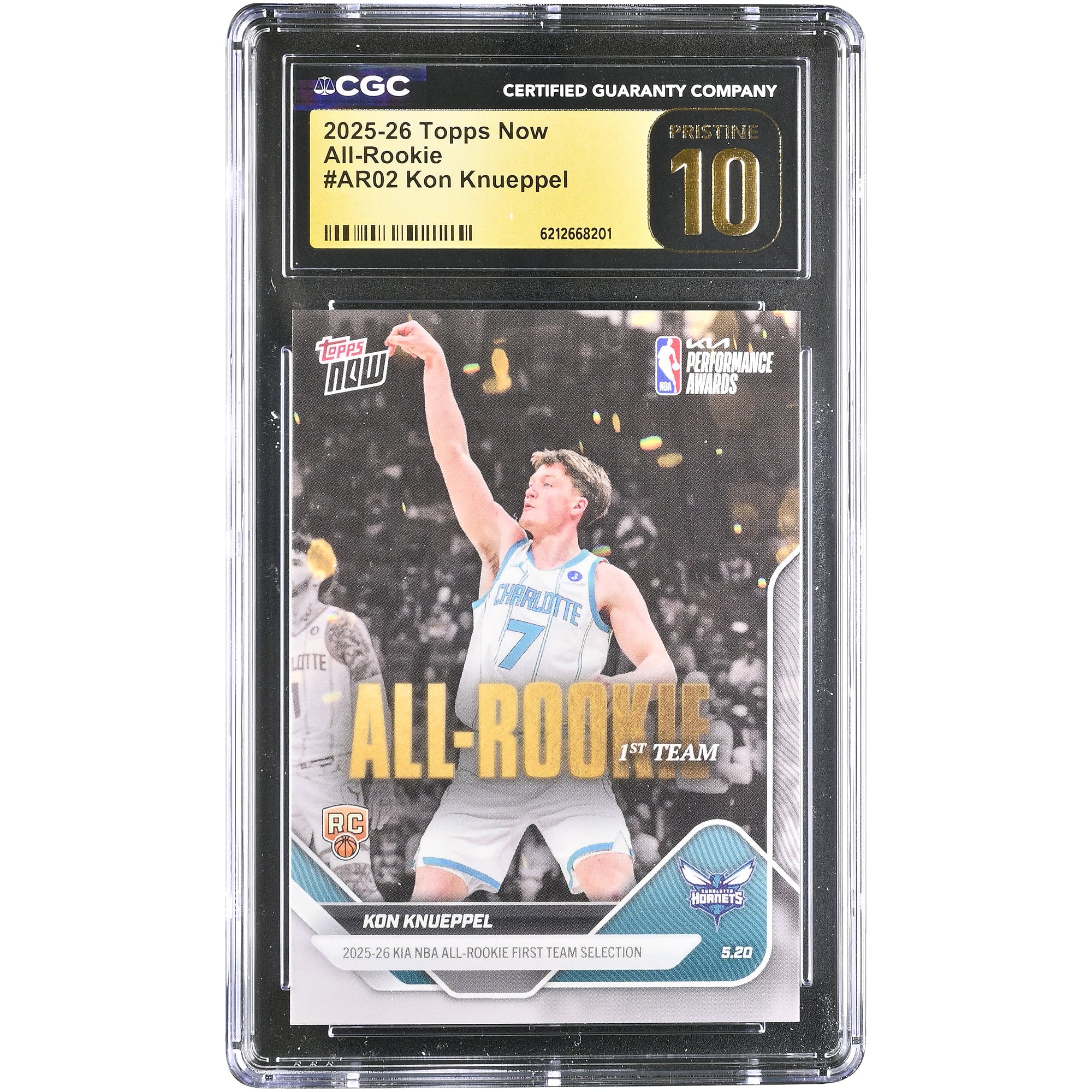 Carte de recrue Kon Knueppel Charlotte Hornets 2025-26 Topps Now All-Rookie #AR02 authentifiée CGC PRISTINE 10