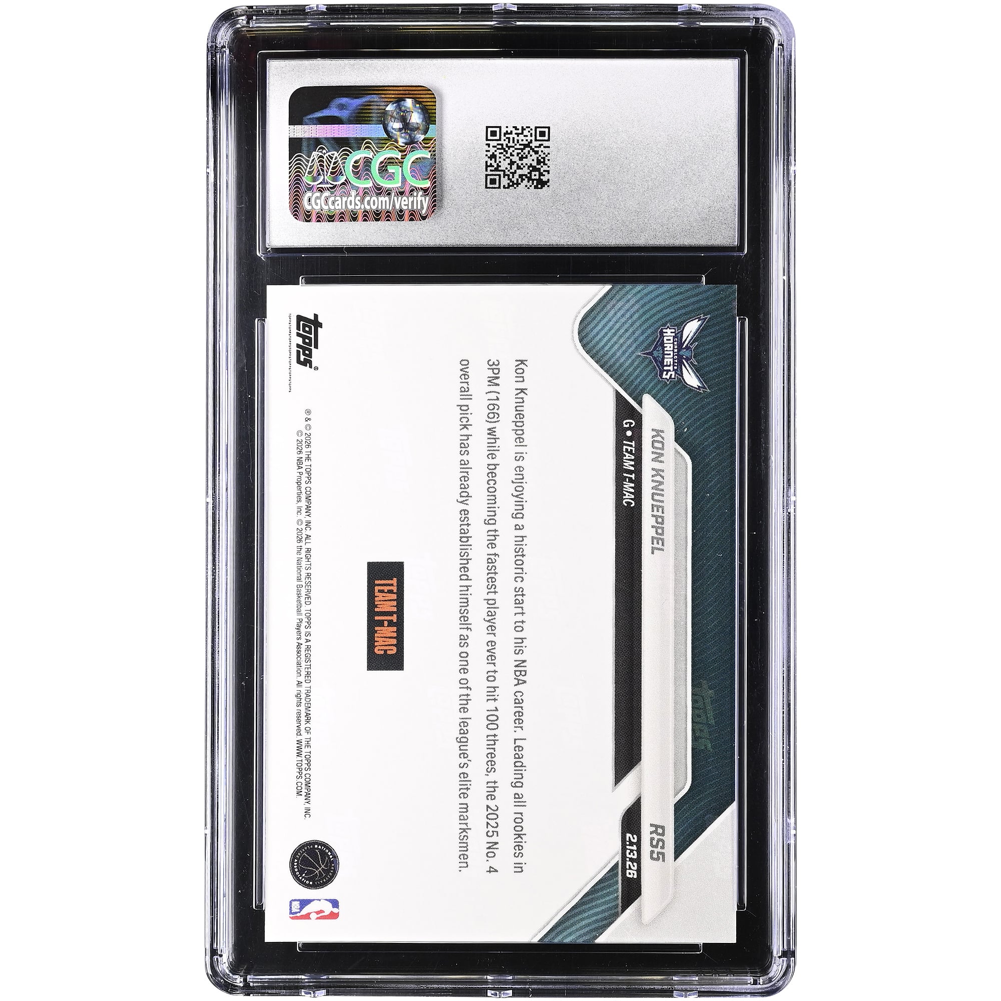 Carte de recrue Kon Knueppel Charlotte Hornets 2025-26 Topps Now Rising Stars Foil #RS5 authentifiée CGC 10
