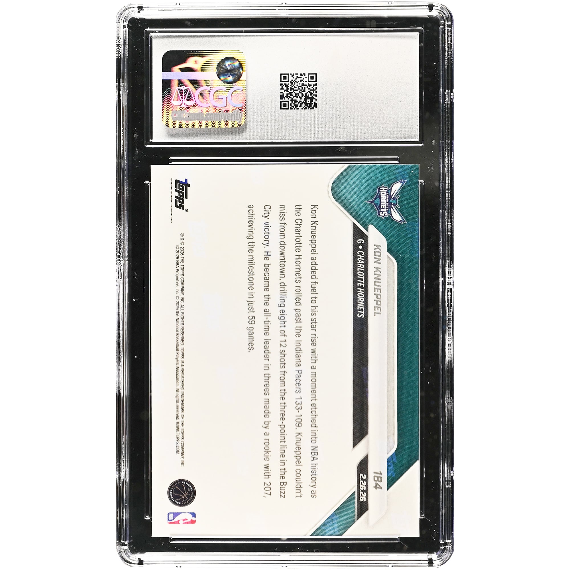 Kon Knueppel, Charlotte Hornets 2025-26 Topps Now : pulvérise le record absolu des recrues avec son 207e tir à trois points en carrière (n° 184), carte de recrue authentifiée CGC 9.5