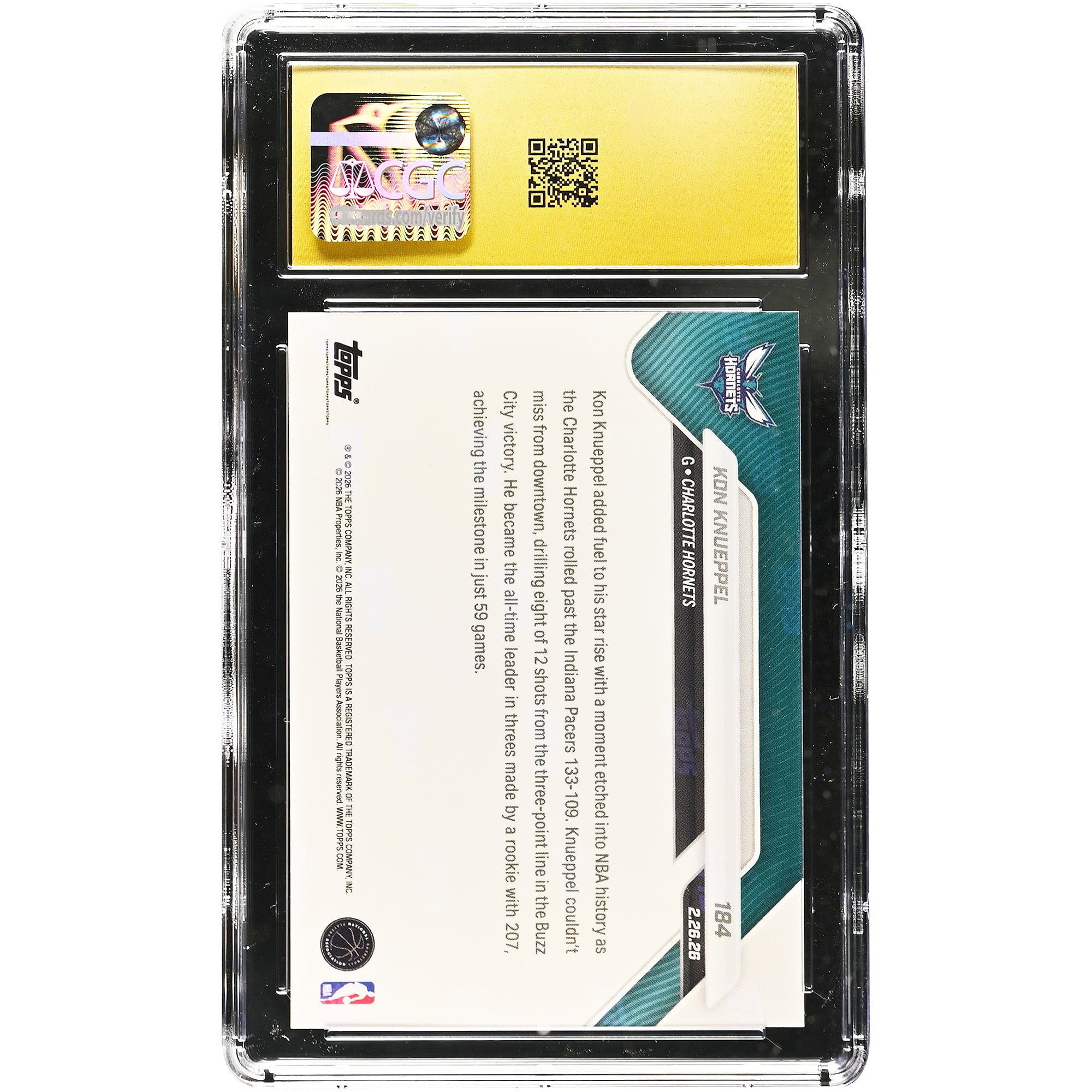 Kon Knueppel, Charlotte Hornets 2025-26 Topps Now : pulvérise le record absolu des recrues avec son 207e panier à trois points en carrière (n° 184), carte de recrue authentifiée CGC Pristine 10.
