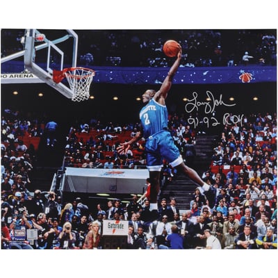 Larry Johnson Charlotte Hornets Autographed Fanatics Authentic 16" x 20" Dunk Contest Photograph with "91-92 ROY" Inscription 