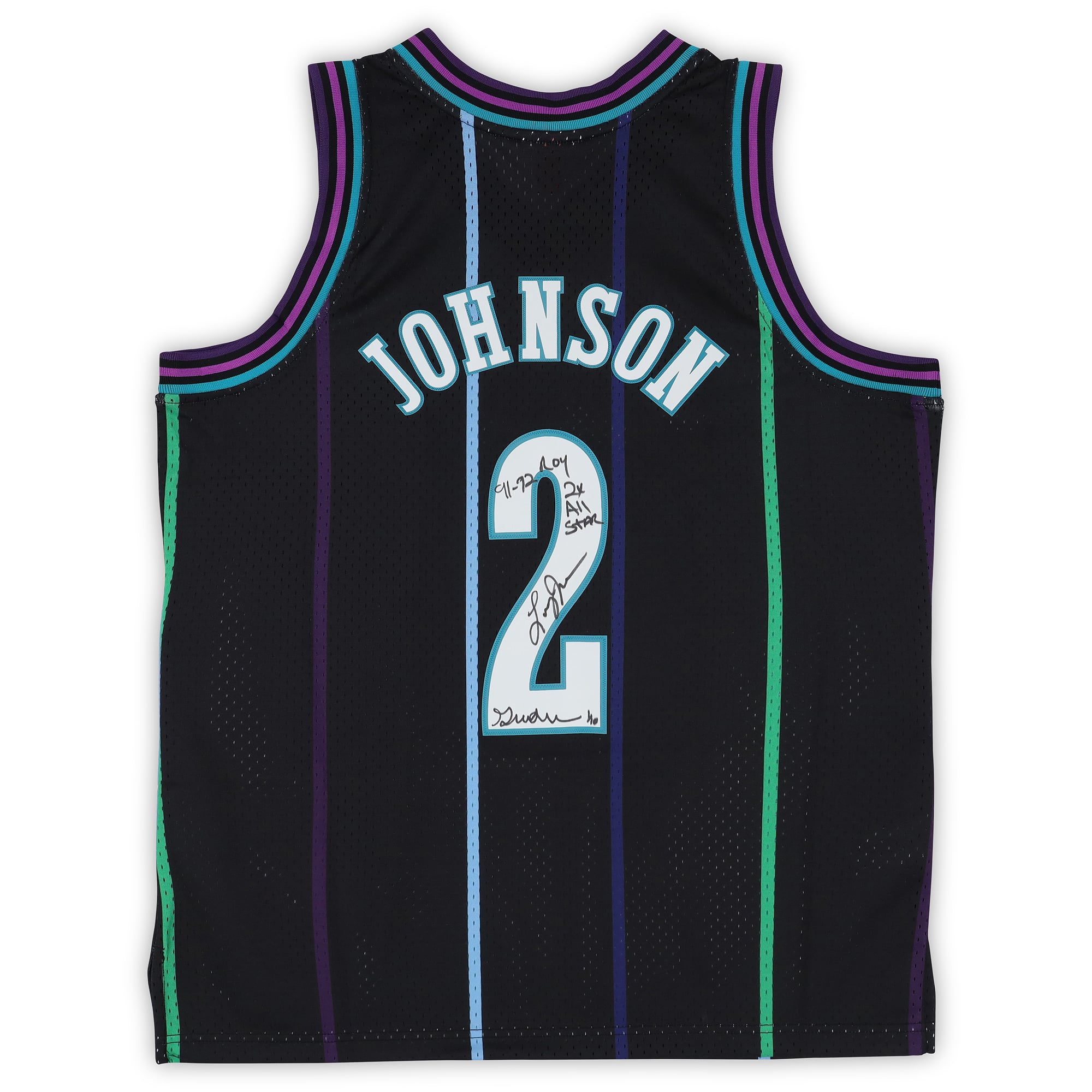 Maillot Swingman noir Mitchell & Ness Reloaded 1992, autographié par Larry Johnson (Charlotte Hornets), avec plusieurs inscriptions - Édition limitée n° 1/10