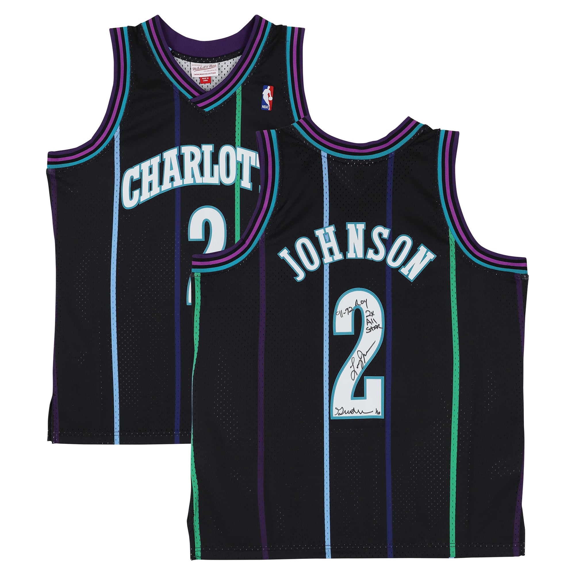 Maillot Swingman noir Mitchell & Ness Reloaded 1992, autographié par Larry Johnson (Charlotte Hornets), avec plusieurs inscriptions - Édition limitée n° 1/10