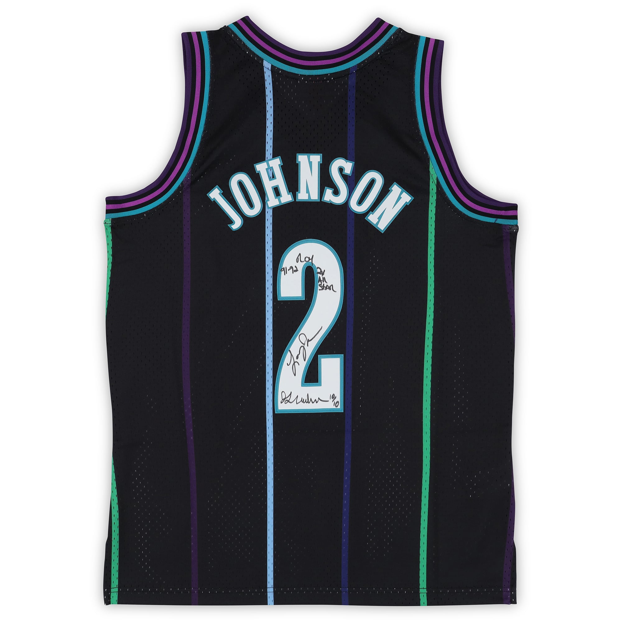 Maillot Swingman noir Mitchell & Ness Reloaded 1992, autographié par Larry Johnson (Charlotte Hornets), avec plusieurs inscriptions - Édition limitée n° 10/10