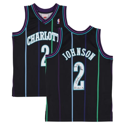 Larry Johnson Charlotte Hornets Autographed Fanatics Authentic Black Mitchell & Ness Reloaded 1992 Swingman Jersey with Multiple Inscriptions - Limited Edition #10/10
