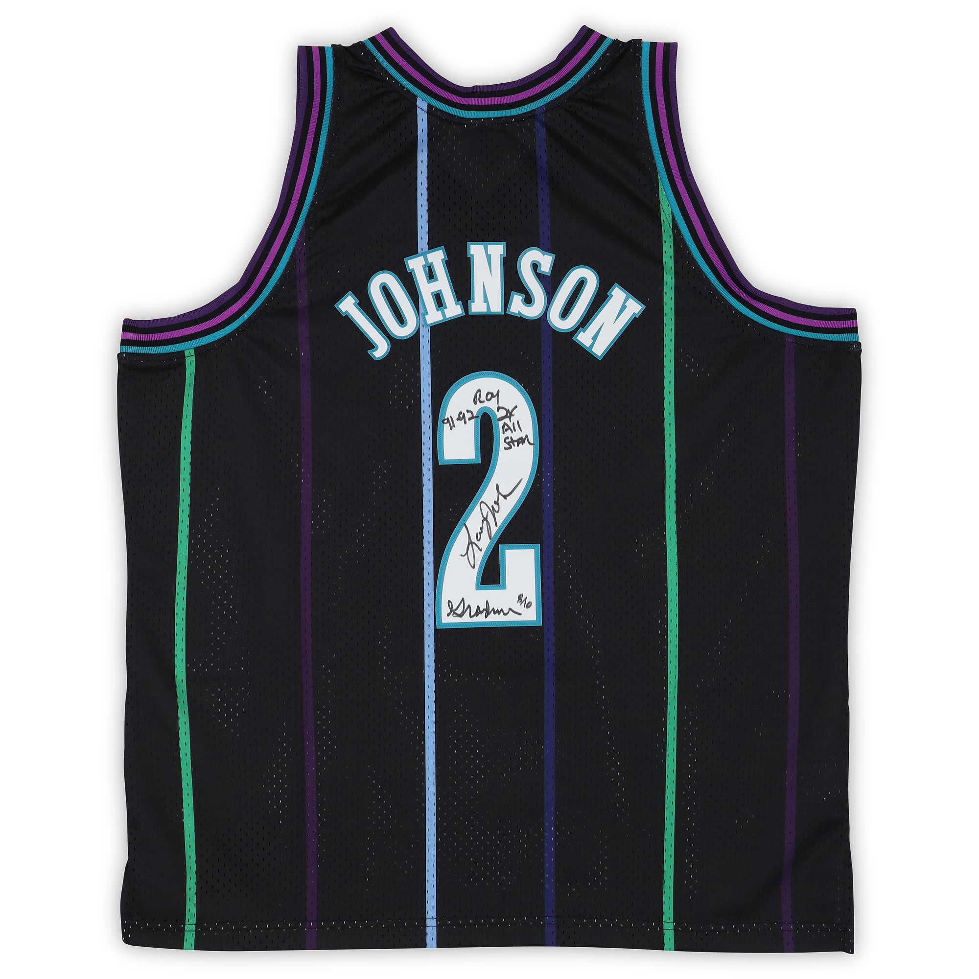 Maillot Swingman noir Mitchell & Ness Reloaded 1992, signé par Larry Johnson (Charlotte Hornets), avec plusieurs inscriptions - Édition limitée à 10 exemplaires