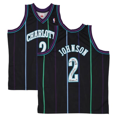 Larry Johnson Charlotte Hornets Autographed Fanatics Authentic Black Mitchell & Ness Reloaded 1992 Swingman Jersey with Multiple Inscriptions - Limited Edition of 10