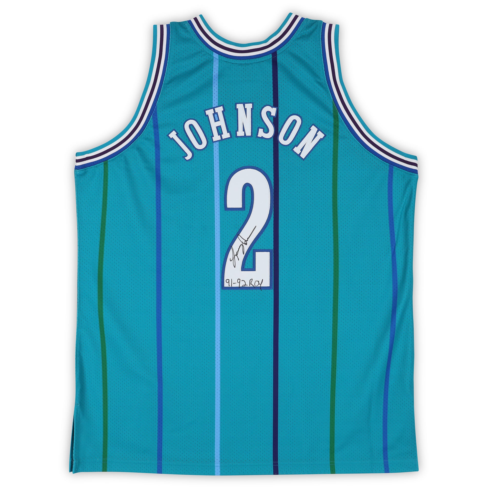 Maillot authentique Mitchell & Ness turquoise 1992-93 autographié par Larry Johnson, Charlotte Hornets
