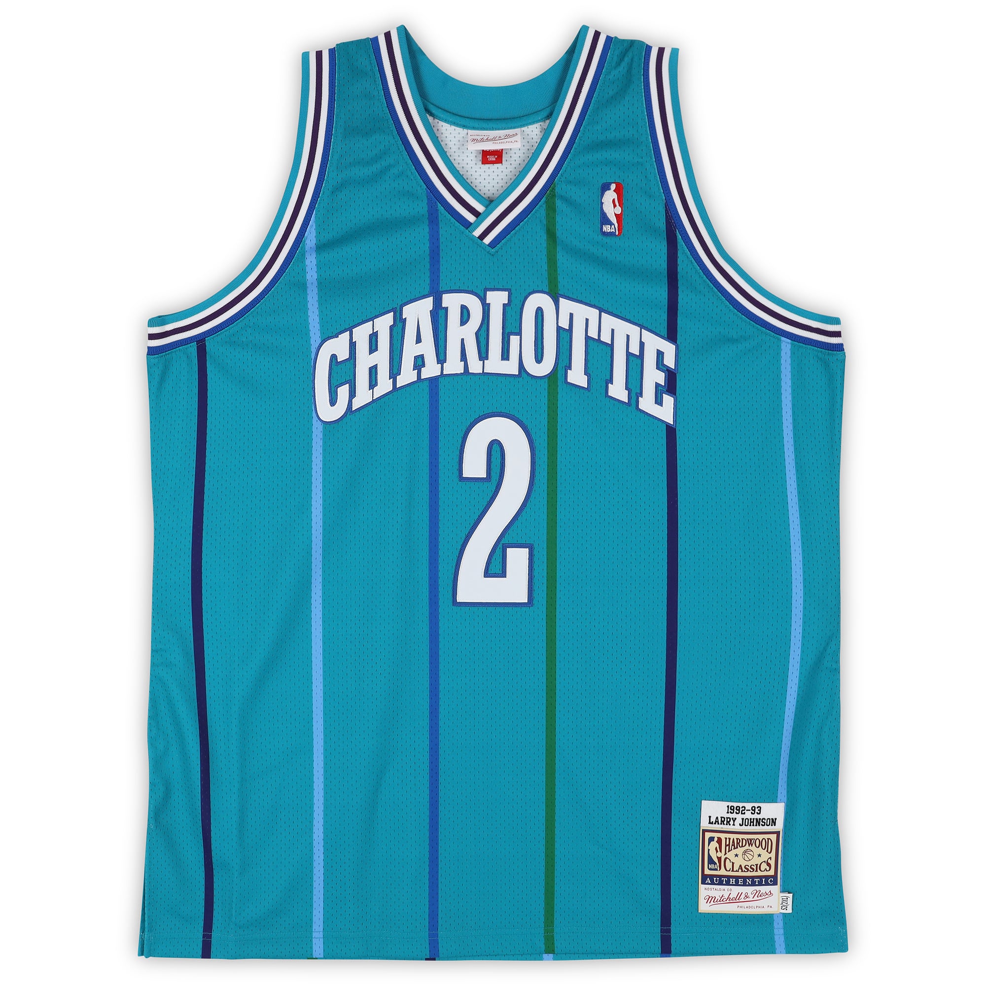 Maillot authentique Mitchell & Ness turquoise 1992-93 autographié par Larry Johnson, Charlotte Hornets
