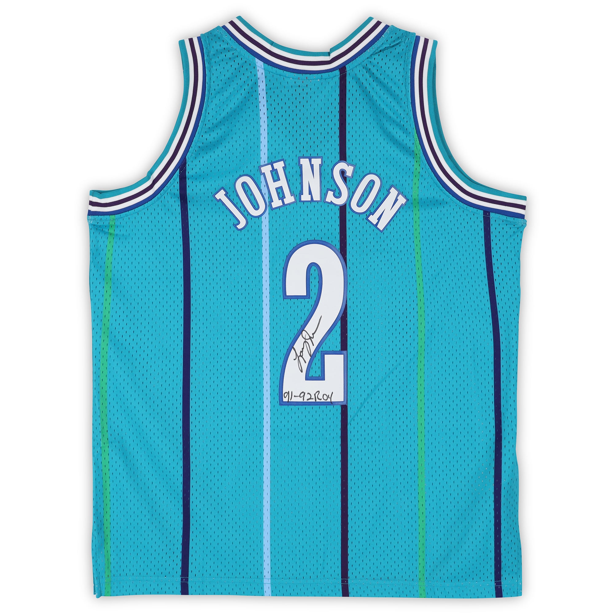 Maillot Swingman Mitchell & Ness turquoise 1992 autographié par Larry Johnson des Charlotte Hornets