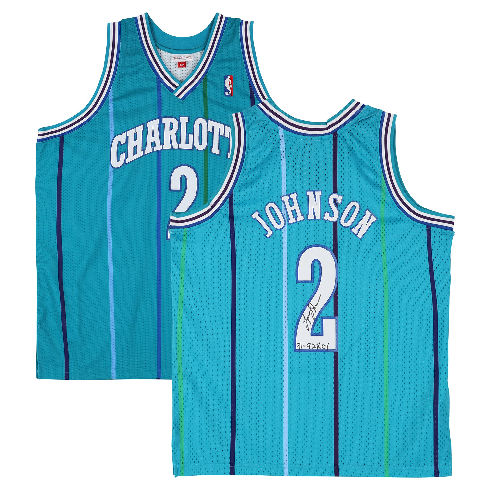 Maillot Swingman Mitchell & Ness turquoise 1992 autographié par Larry Johnson des Charlotte Hornets