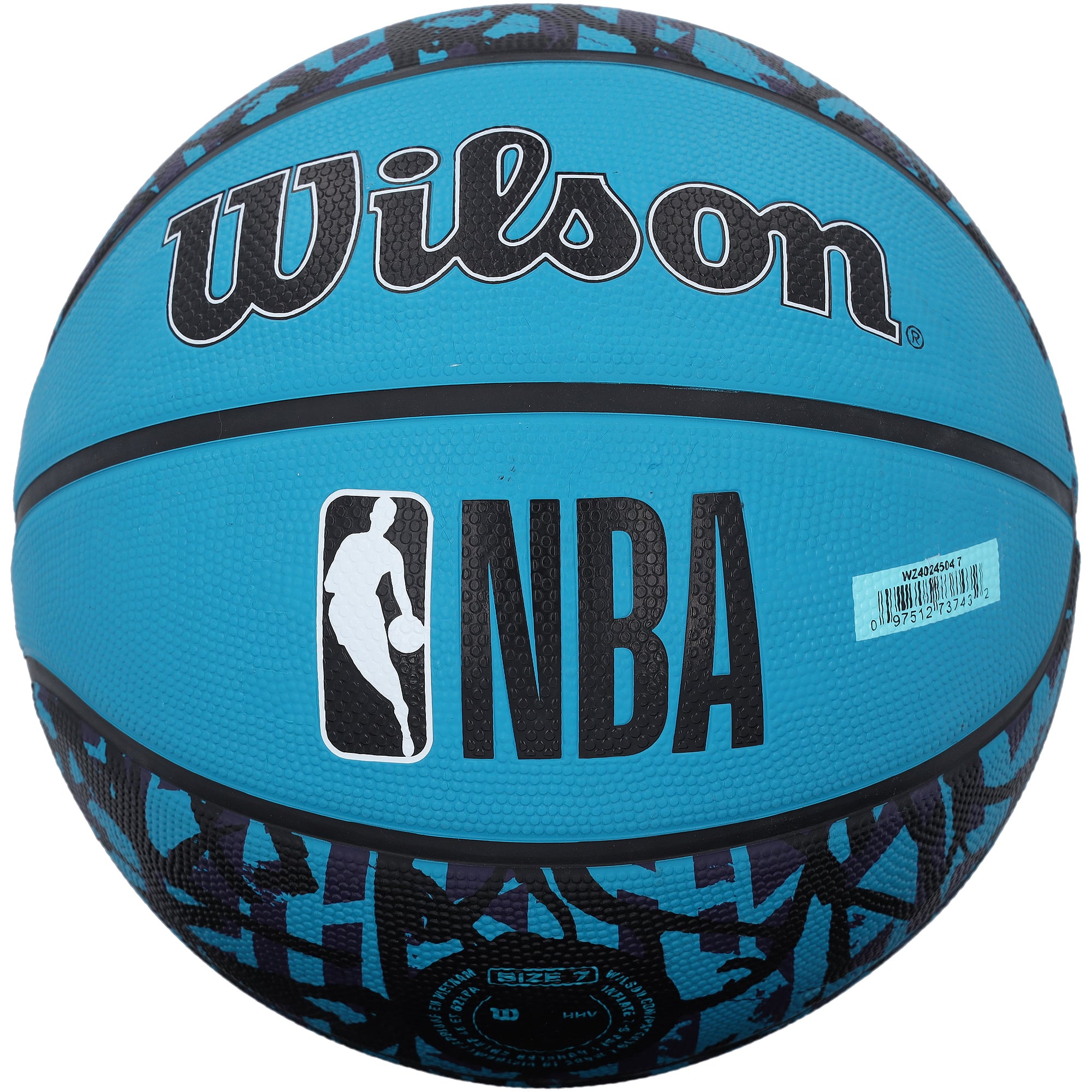 Ballon de basket Wilson noir et turquoise à motif graffiti, autographié par Larry Johnson (Charlotte Hornets).