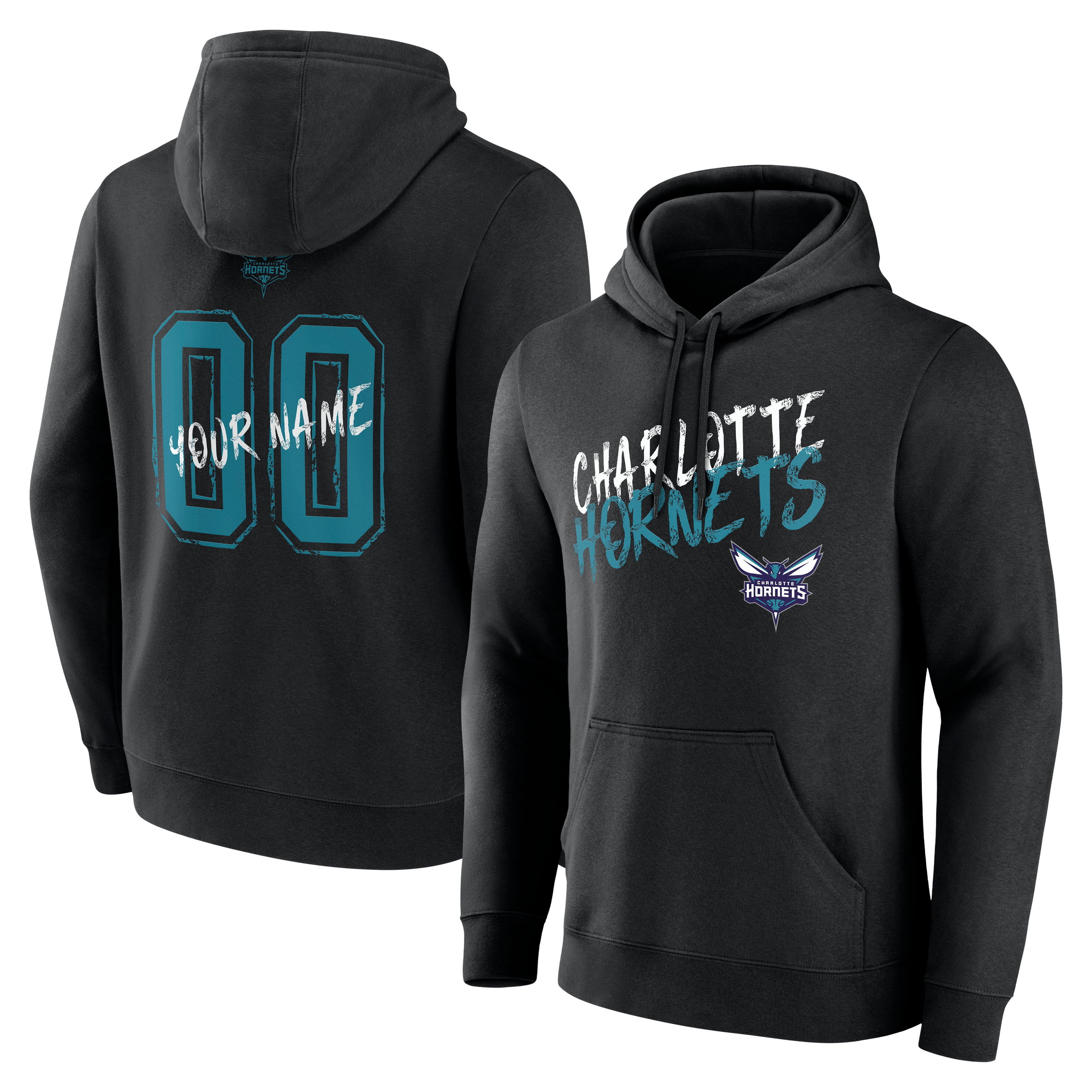 Sweat à capuche noir Charlotte Hornets Hustle pour homme, personnalisé avec nom et numéro.