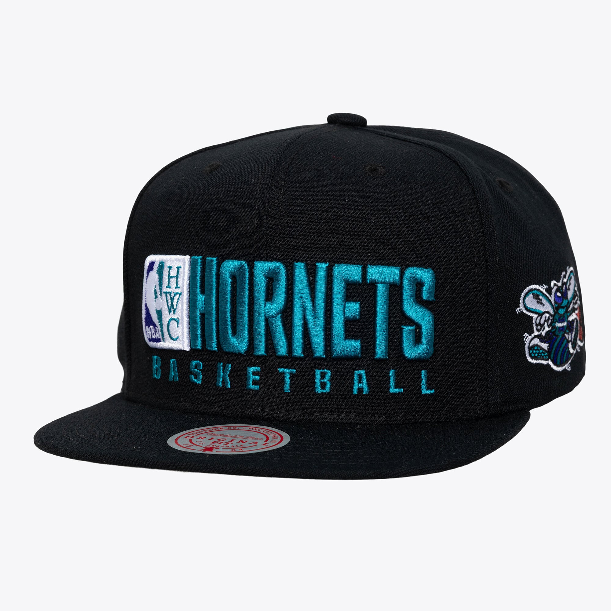 Men's Charlotte Hornets Mitchell & Ness Black Hardwood Classics Old School Stacked Text Snapback Hat
