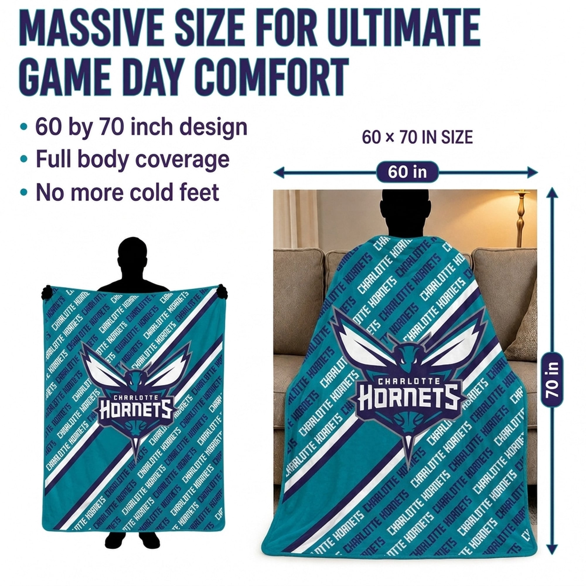 Pegasus Charlotte Hornets 60" x 70" Diagonal Lined Wordmark Ultra Soft Blanket
