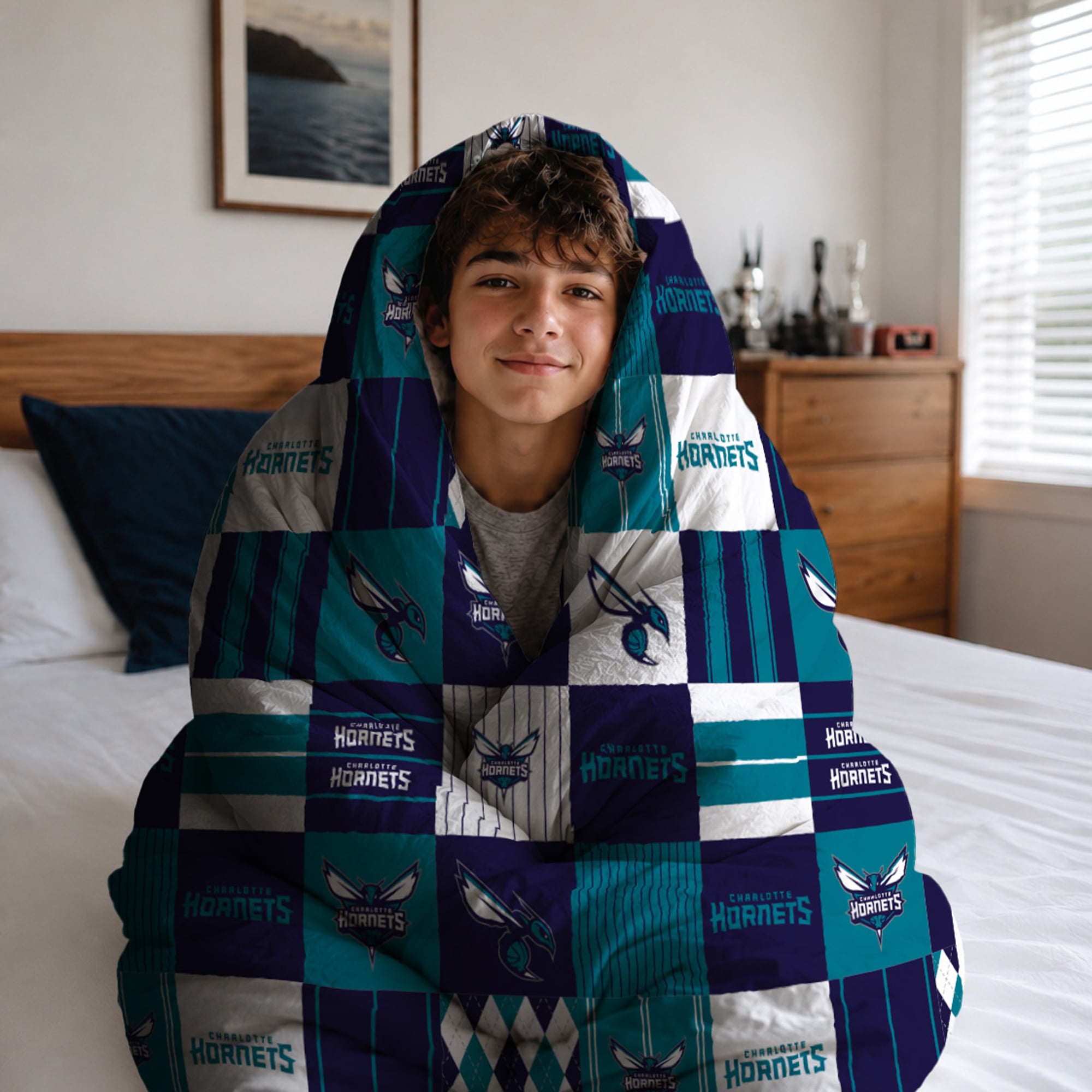 Ensemble de literie trois pièces à carreaux patchwork Pegasus Charlotte Hornets, format grand/queen.