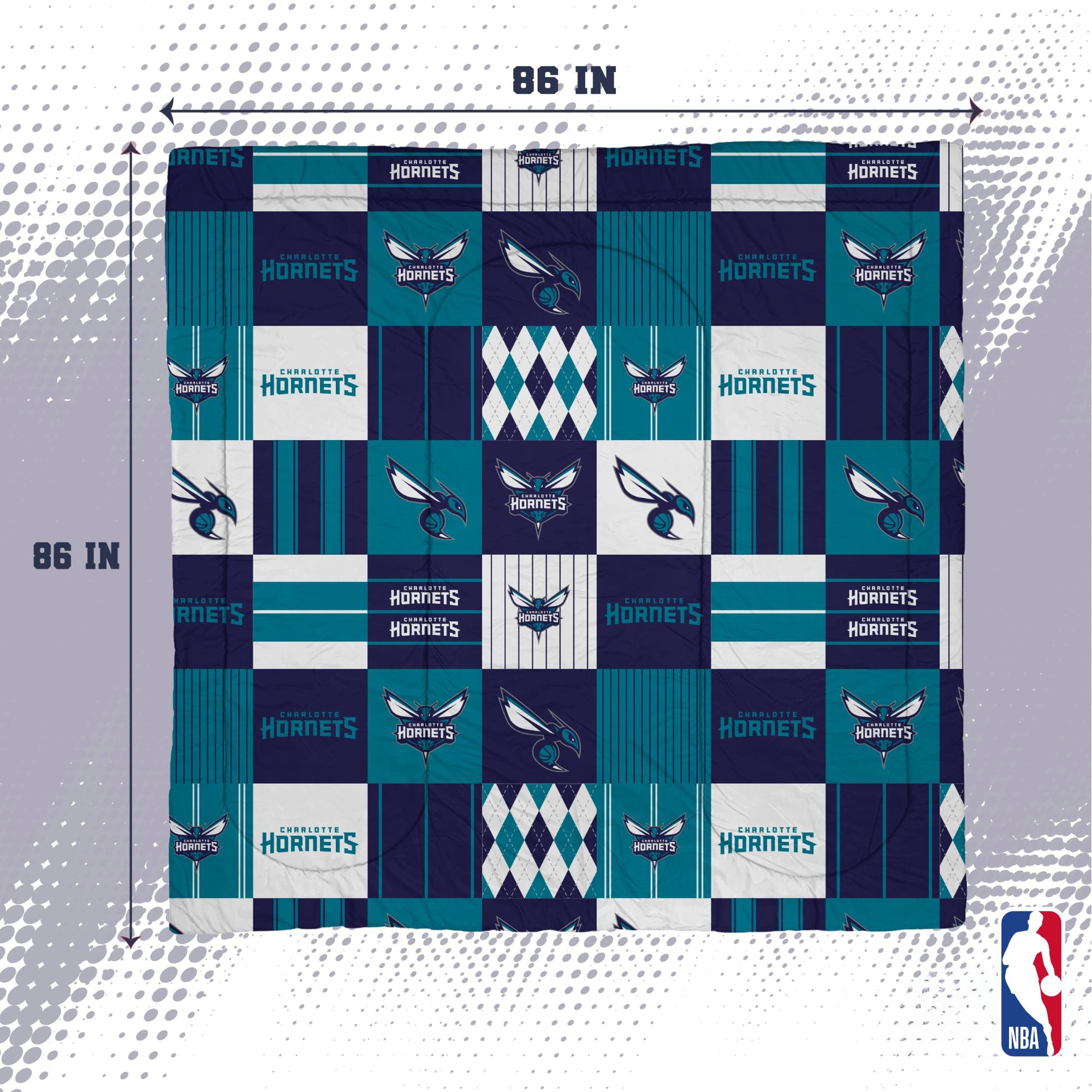 Ensemble de literie trois pièces à carreaux patchwork Pegasus Charlotte Hornets, format grand/queen.