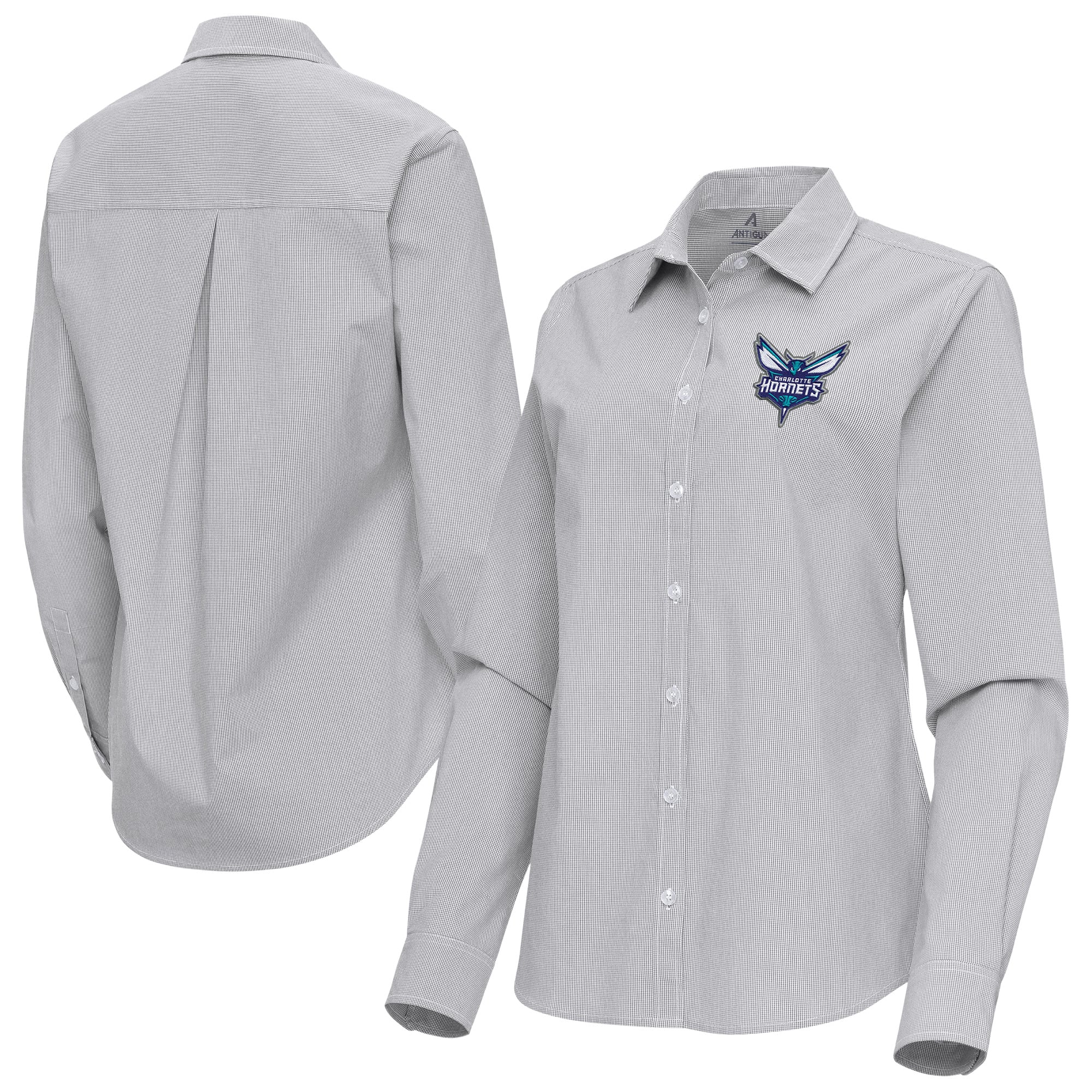 women's charlotte hornets jersey dress Antigua Gray Porter Woven Long Sleeve Button-Up Shirt Size: Medium group_ Idol Metallic Bandage Mini Dress